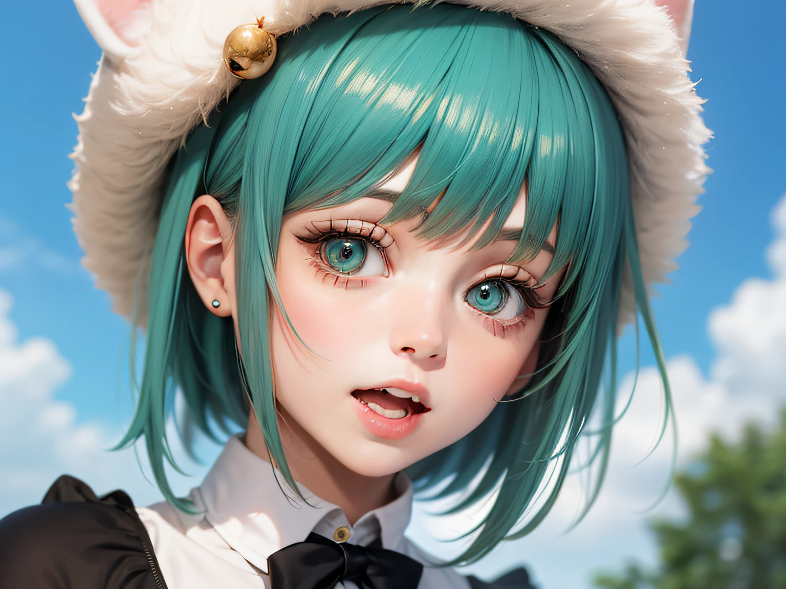 A Tiffany anime girl with green hair and sky blue eyes with a surprised expression on her face and a white cat hat, (1girl:0.992), (:d:0.583), (bangs:0.701), (blush:0.584), (Sky Blue Eyes: 0.992), (Looking at the Audience: 0.711), (Open Mouth: 0.670), (Tiffany Green Hair: 0.917), (Ribbon: 0.826), (Short Hair: 0.571), (Smile: 0.855), (Solo: 0.949), (Teeth: 0.770), (Upper Body: 0.760)