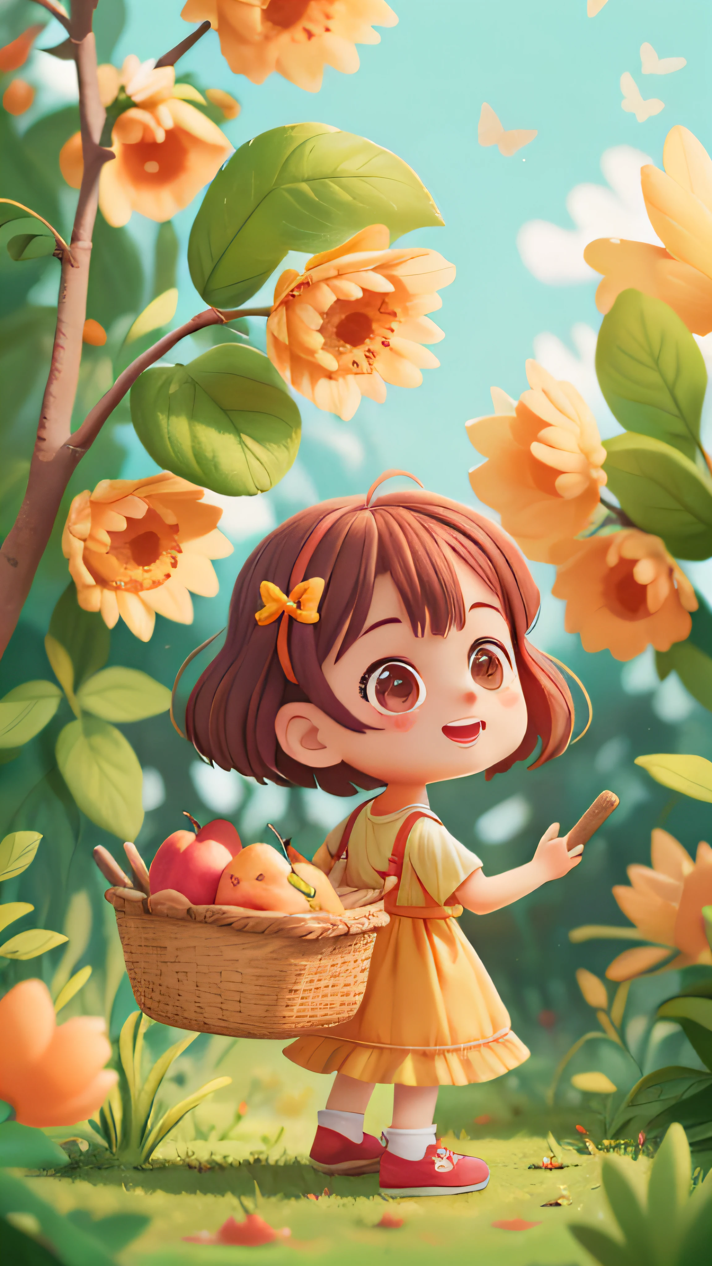 1 girl, back basket, orchard, bright sunny day, (masterpiece: 1.2) (Realistic: 1.2) (Bokeh) (Best quality) (Detailed skin: 1.3) (Intricate details) (8K) (Detail Eyes) (Sharp Focus), (Happy)