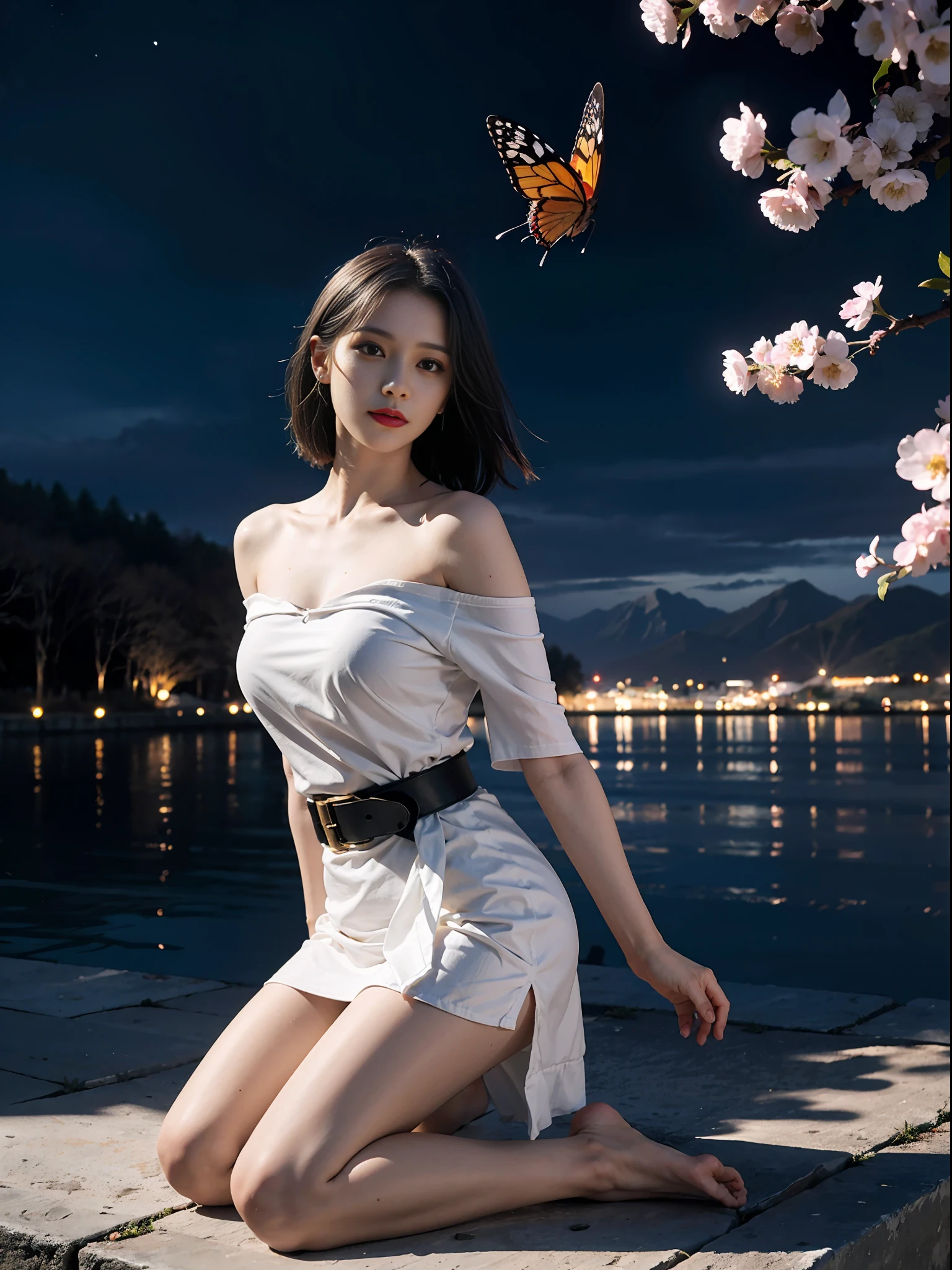 (RAW Photo, Best Quality), (Realistic, Photo Realistic: 1.3), Masterpiece, Very Detailed, CG, Unity, 2k wallpaper, Amazing, fine details, light smile, extremely detailed CG unity8k wallpaper, huge file size, super detailed, high resolution, absurd, soft light, 1 girl, (about 18), ethereal beauty, porcelain-like skin, delicate appearance, golden eyes, small mouth, (Red lips: 1.3), (light smile: 1.3), (teardrops: 0.7), flowing hair, (hairpins: 0.7), (white robe: 1.2), (blue belt: 0.8), (sleeveless: 0.9), (off-the-shoulder: 1.2), (barefoot: 1.1), (floating in the air: 1.3), (glowing aura: 1.4), (suspended petals: 1.2), (butterfly: 1.1), mountains, (fog: 0.9), (waterfall: 0.8), (cherry blossom trees: 1.3), (Asuka: 0.7), (dramatic lighting: 1.2), (film composition: 1.3), (dreams: 1.3) , (Ethereal Music: 1.4) [(White Background: 1.5),::5] Hexagon, 1 Girl, Medium Scene, Full Body, (Scary Atmosphere), Tyndall Effect, (Balance and Coordination Between Everything), Absurdity, Blue Flame, Plasma, Particle Effects, Crystal Clear Texture, Star_\(Sky\), Space, Starry Sky_Sky, Blue_Eyes, Galaxy, Solo, Short Hair, Earth_\(Planet\), Lighting, Light, Dynamic Angle, Depth of Field, Light and Shadow, True light and shadow, diffuse