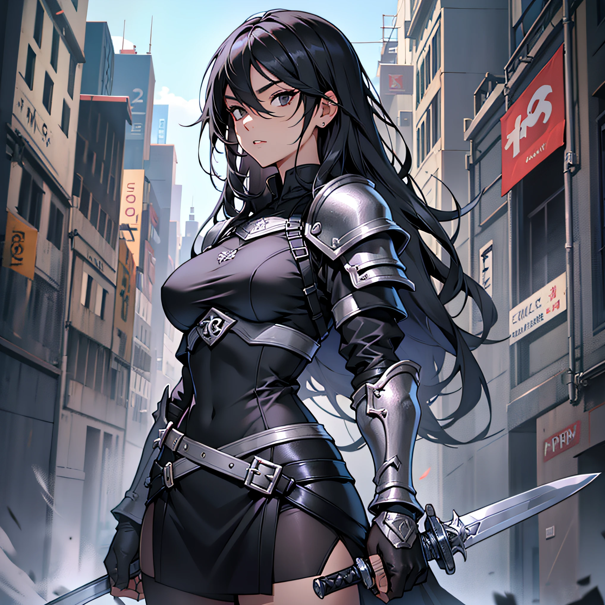 A warrior beautiful girl, sunshine, sci-fi future city background, wearing heavy armor, carrying a machine gun, showing her face, melon face, single ponytail, bangs, eyes looking ahead, holding a shield in her left hand and a sword in her right hand, standing on a broken road, overgrown with weeds on the side of the road --auto