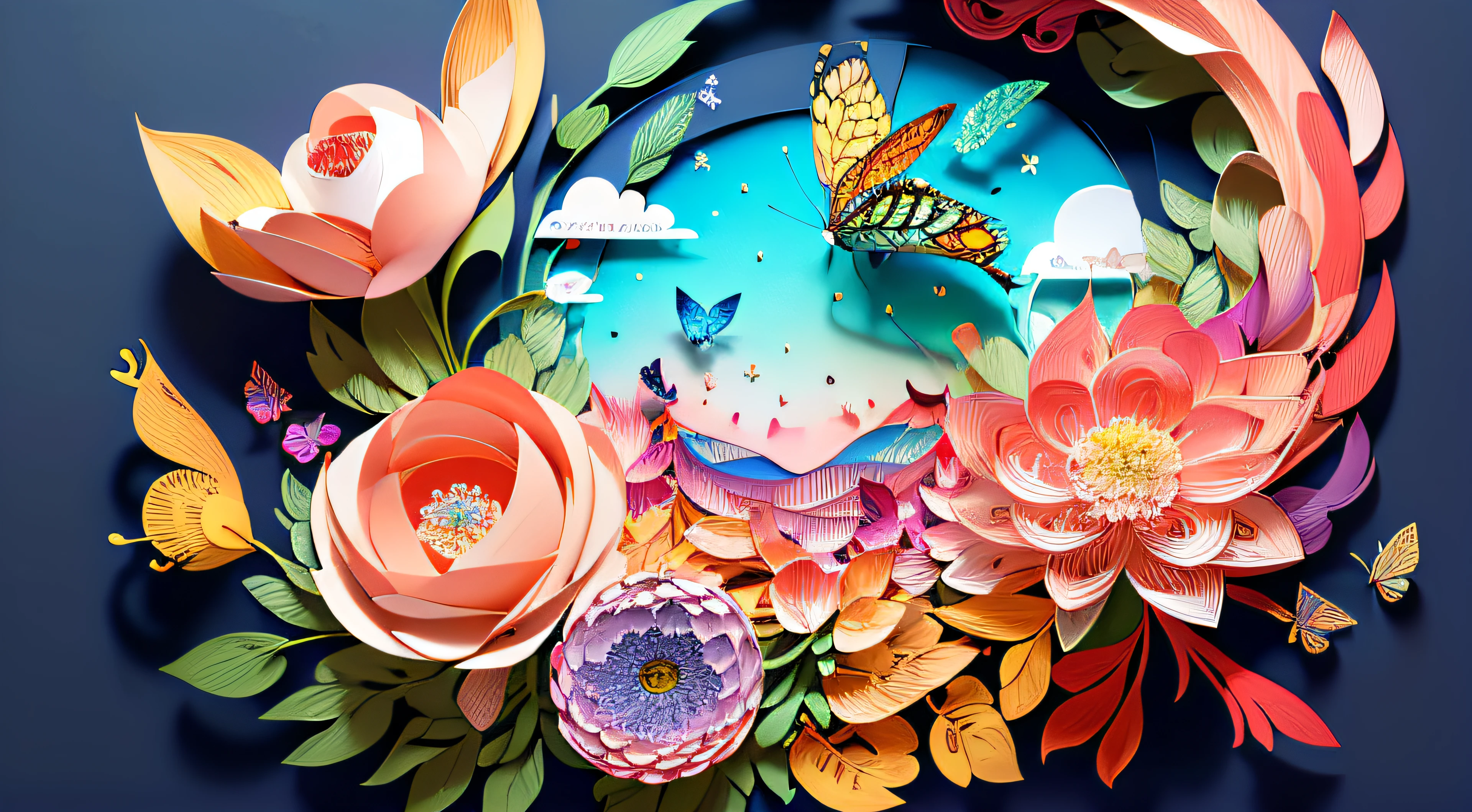 realistic, (best quality, masterpiece:1.3),illustration,big butterfly in the center , floating in dalias, cloudy sky, paper_cut, pattern, pink colors background