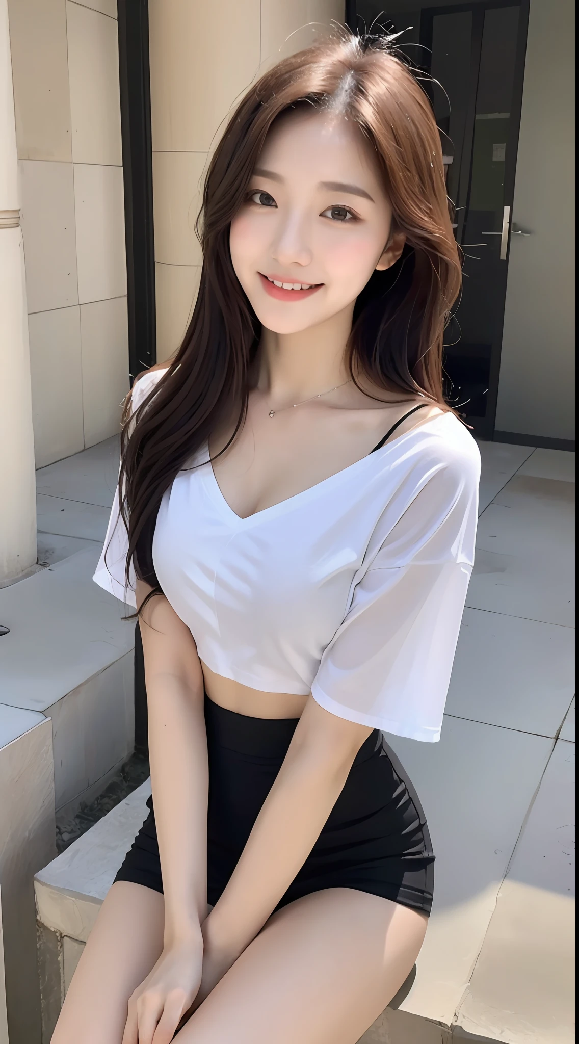 (1 Korean girl with royal sister style), ((best quality, 8k, masterpiece: 1.3)), (front photo), perfect body beauty: 1.4, (hips, extremely beautiful legs: 1.2), (smile), (Street: 1.3), highly detailed face and skin texture, delicate eyes, double eyelids, whitening skin, (shawl hair: 1.3), (round face: 1.5), (crop short sleeves: 1.4),