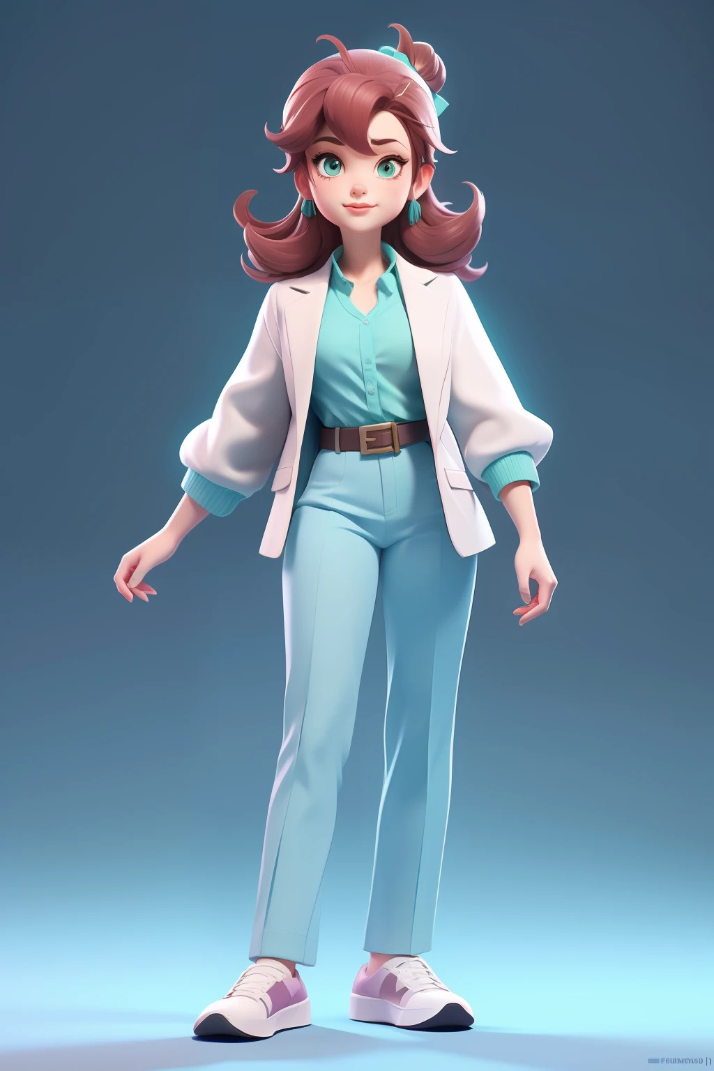 lora:3dcharacter-000004:0.6:MIDD>, 3dcharacter,\Olivia (Fire Emblem)\,(full body:1.2),simple background, masterpiece,best quality,(light Maroon gradient background:1.1), Green , (turquoise shirt:1.1) , (White trousers:1.1),shoes