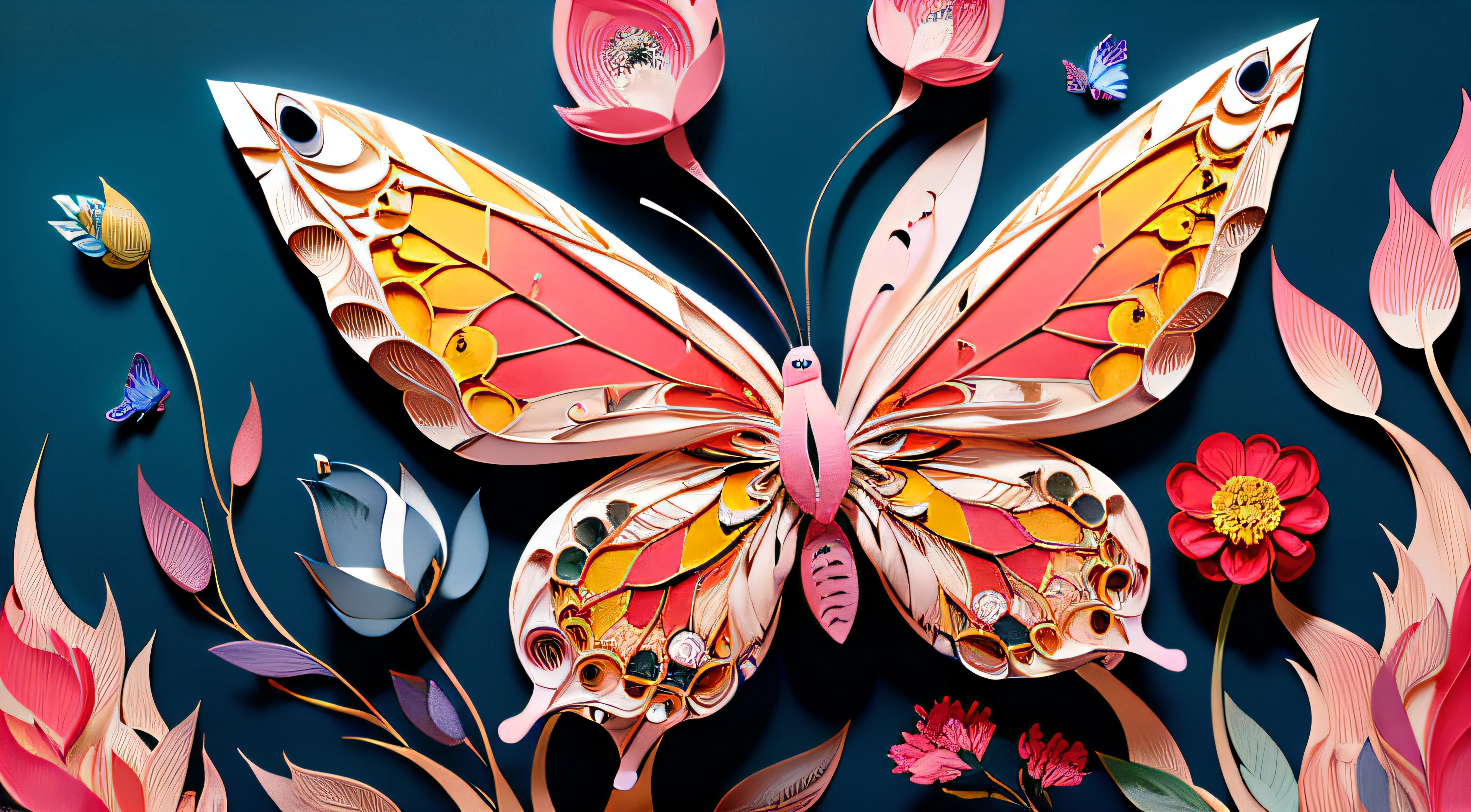 realistic, (best quality, masterpiece:1.3),illustration,big butterfly in the center , floating in dalias, cloudy sky, paper_cut, pattern, pink colors background