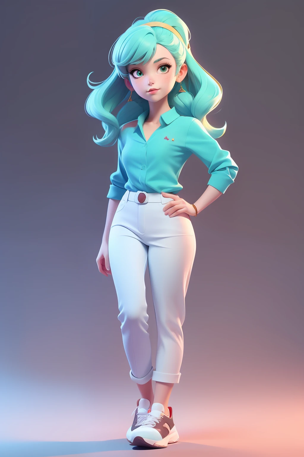 lora:3dcharacter-000004:0.6:MIDD>, 3dcharacter,\Olivia (Fire Emblem)\,(full body:1.2),simple background, masterpiece,best quality,(light Maroon gradient background:1.1), Green , (turquoise shirt:1.1) , (White trousers:1.1),shoes