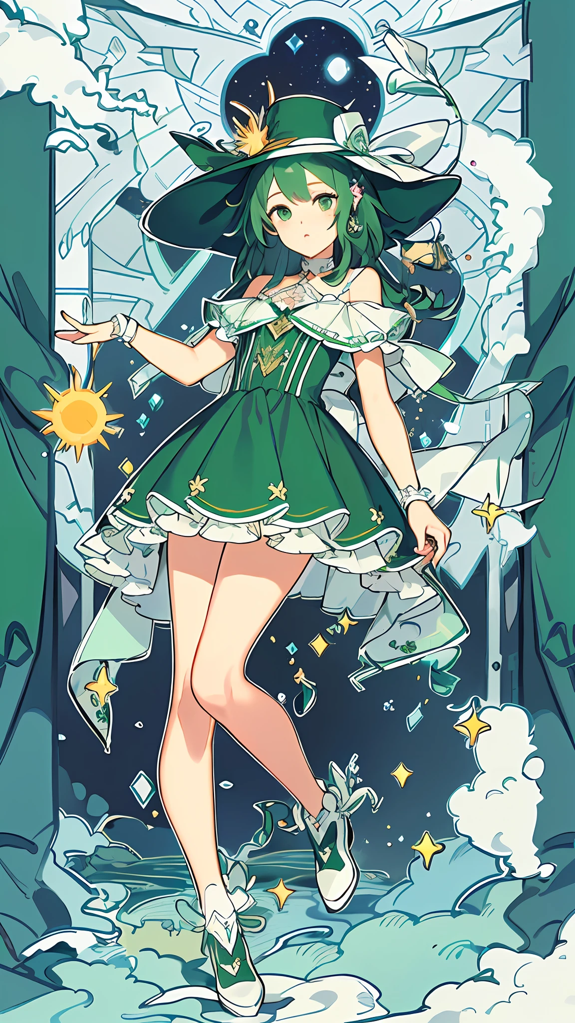 (((Masterpiece))), (((Best Quality))), ((Ultra Detailed)), (Illustration), (((Extremely Delicate and Pretty)), Princess Green Hat, Full Picture, Sun Hat. Green hat