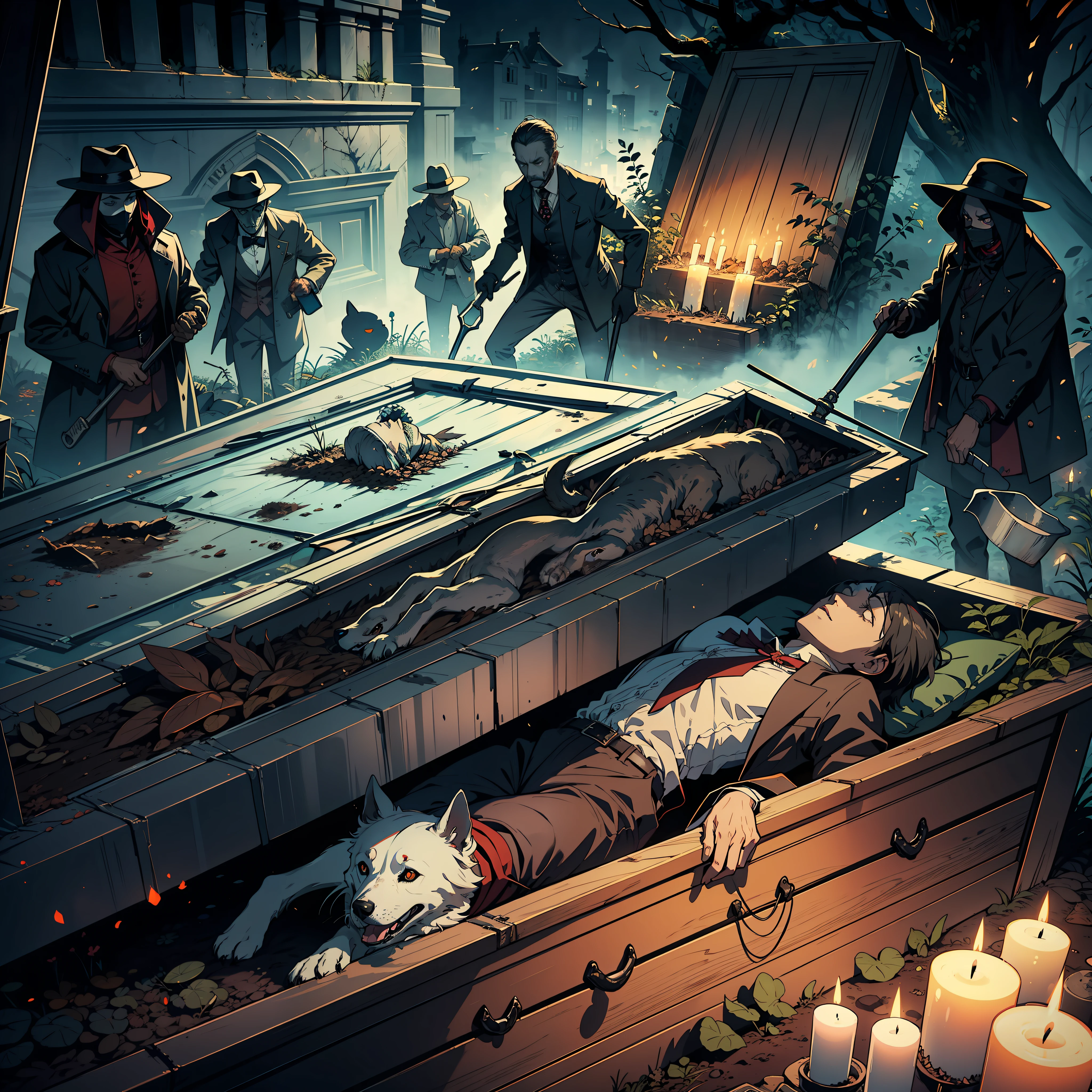 In the coffin, lies the head of a dog, the head of a man, next to grave robbers, sapper shovels, shovels, eerie horror, night, fog.