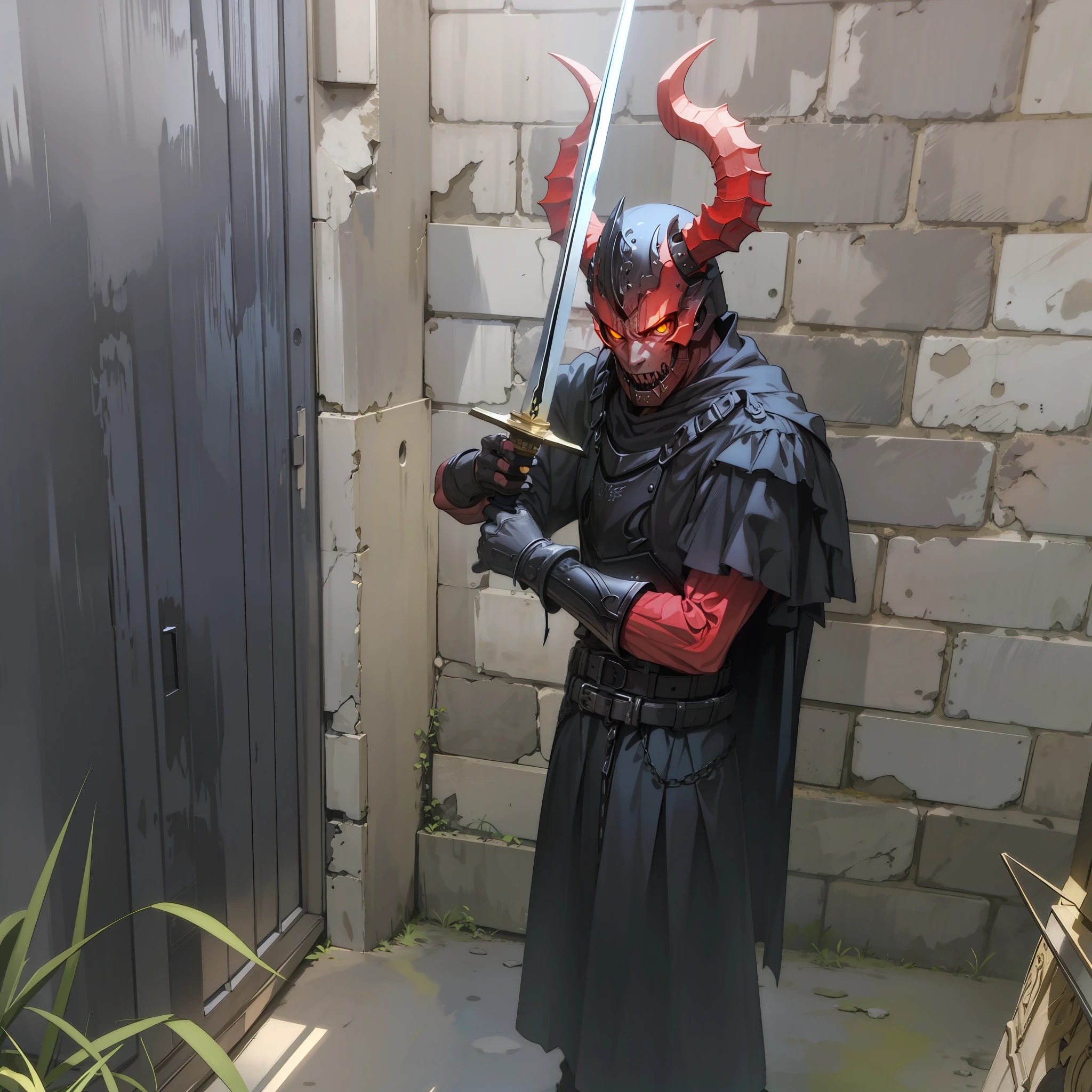 Demon, holding a sword,4k, yellow eyes, black armor