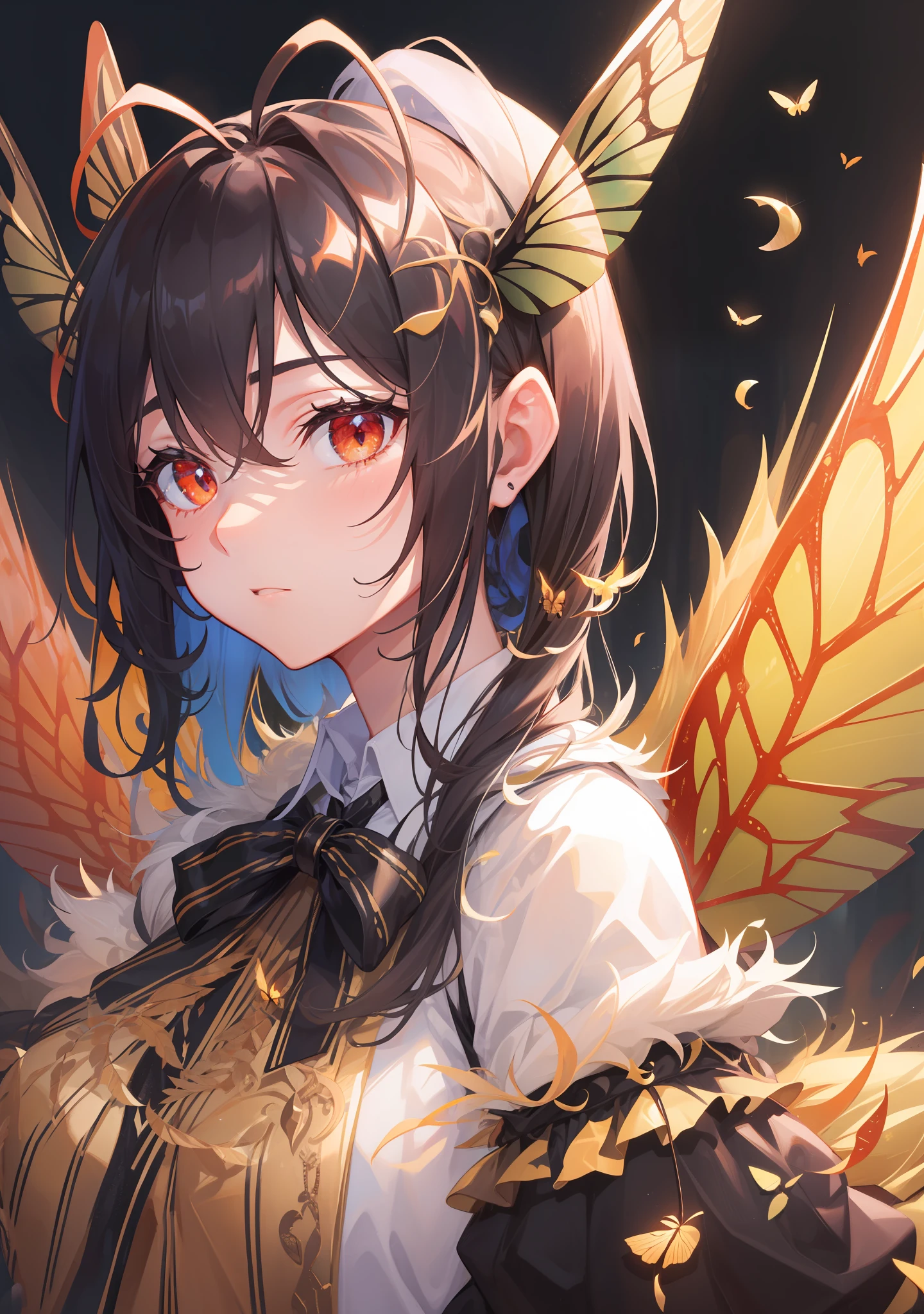 1mulberry silkworm, masterpiece, volumetric lighting, (extremely detailed CG:1.3), illustration,
chestnut fur, splitting, compound eyes, antenna, dusty wings, (moth_wings: 1.3), black_sclera, (moth_antennae), (Cecropia_Moth), (moth_wings: 1.6), large wings, two wings, fur_trim, Moff: 0.6, ribbon, (mature face: 1.2), good hands, perfect hands, cowboy clothes, stern look,