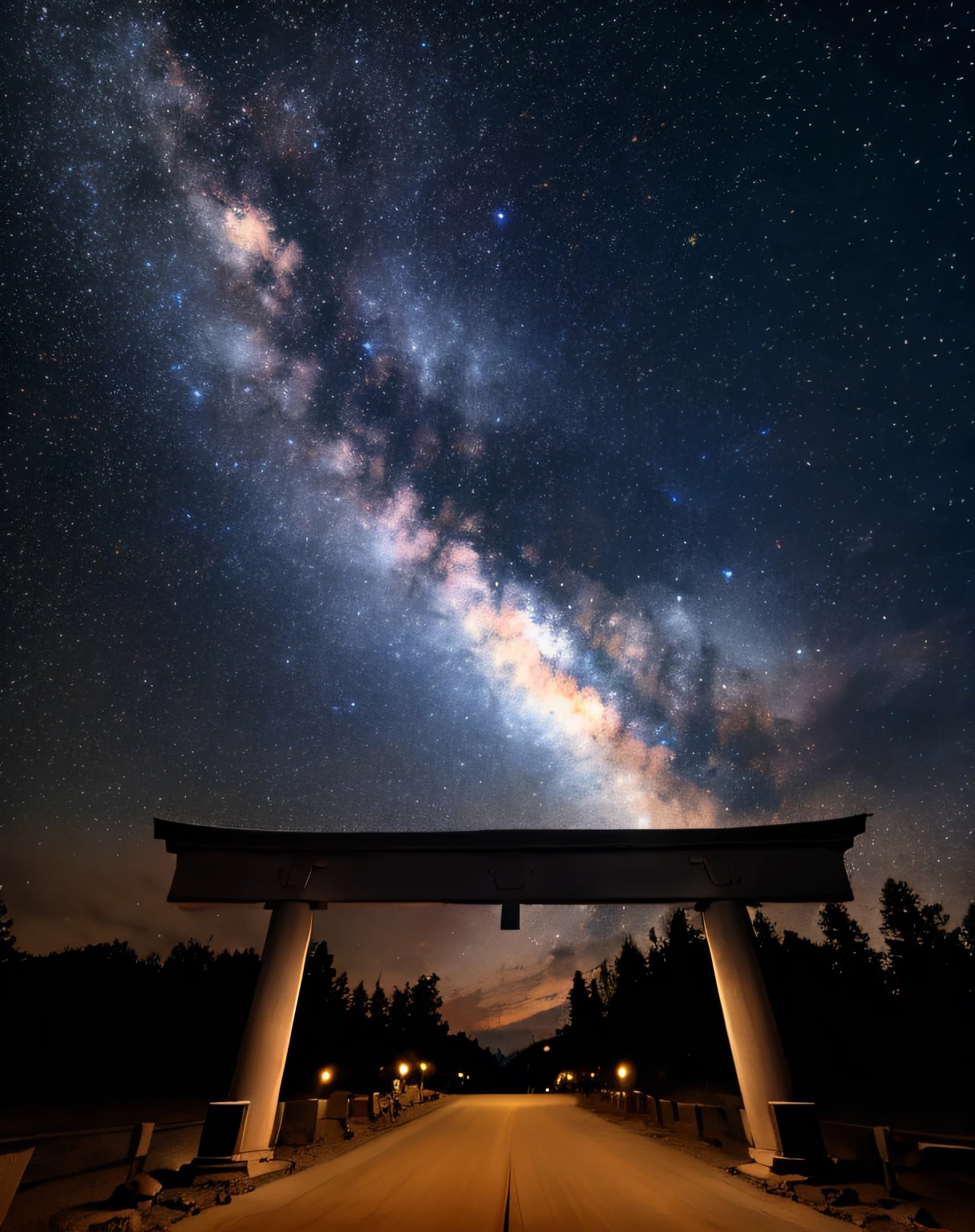 An ancient torii gate floating in an infinite universe. The Milky Way shines like passing through a torii gate. The torii gate is sparsely covered with stars. masterpiece, sharp, ultra detail, 8k,cyberspace soldier, angle view, top quality, dim, (high detail background:1.2),(high detail characters:1.2), dslr, soft lighting, high quality, film grain, fujifilm xt3, intricate detail,