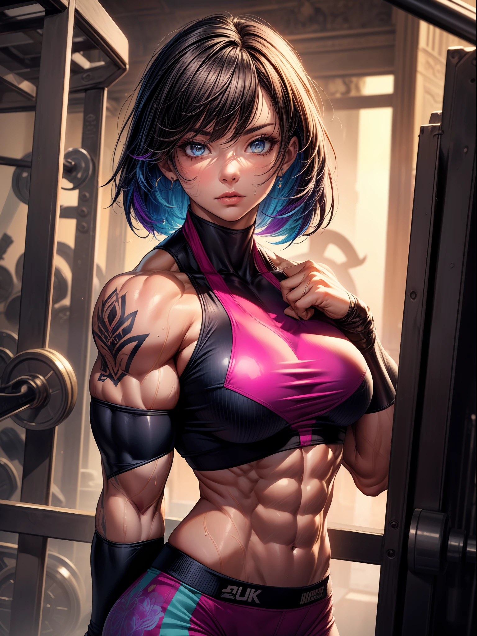 high contrast, (8K UHD:1.2), (photorealistic:1.2),(masterpiece:1.4), (best quality:1.4),extremely detailed wallpaper, highly detailed illustrations, ((1 Girl)) , (super-complex details) official art, unity 8k wallpaper, ultra detailed, beautiful and aesthetic, masterpiece, best quality, (zentangle, mandala, tangle, entangle), (fractal art:1.3) , masterpiece, , intricate detail,((tattoes:1)),((bulking)),covered body, armor medieval,upper body,(body builder:1.7),MMA Fighter, muscular,colorful dress,bob hair,busty,sexy,curvy,crazy abs, upper , from behind, raised hand, armpit, looking into camera,sweating,wet,((sad eyes)),((tattoes:1.4)),((colorful outfit:1.5)),((unique outfiy:1.5)),full body potrait, blur background, sharp detail object,bob wavery hair,