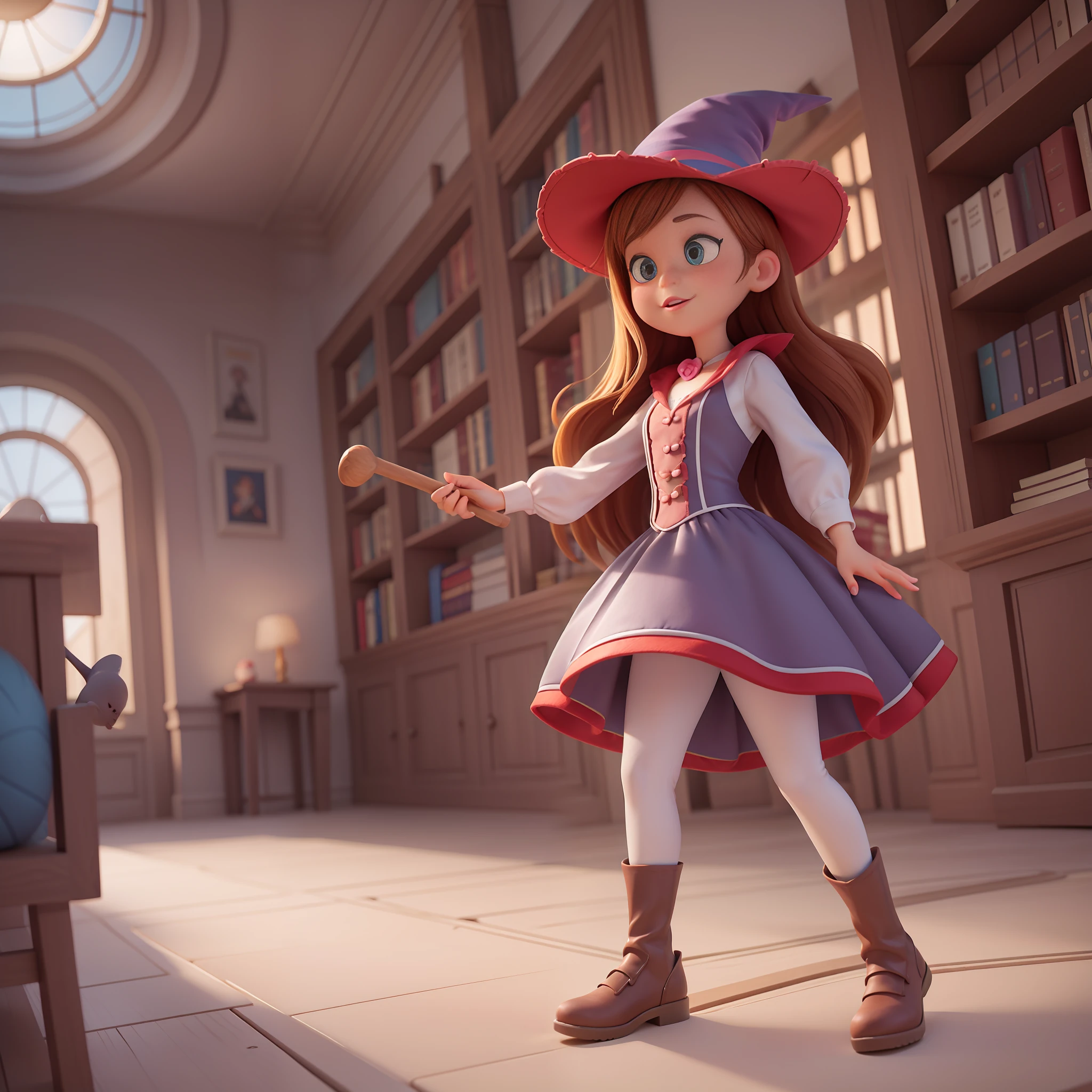 a cute pixar witch in a pixar library, pixar, sun light, warm color background