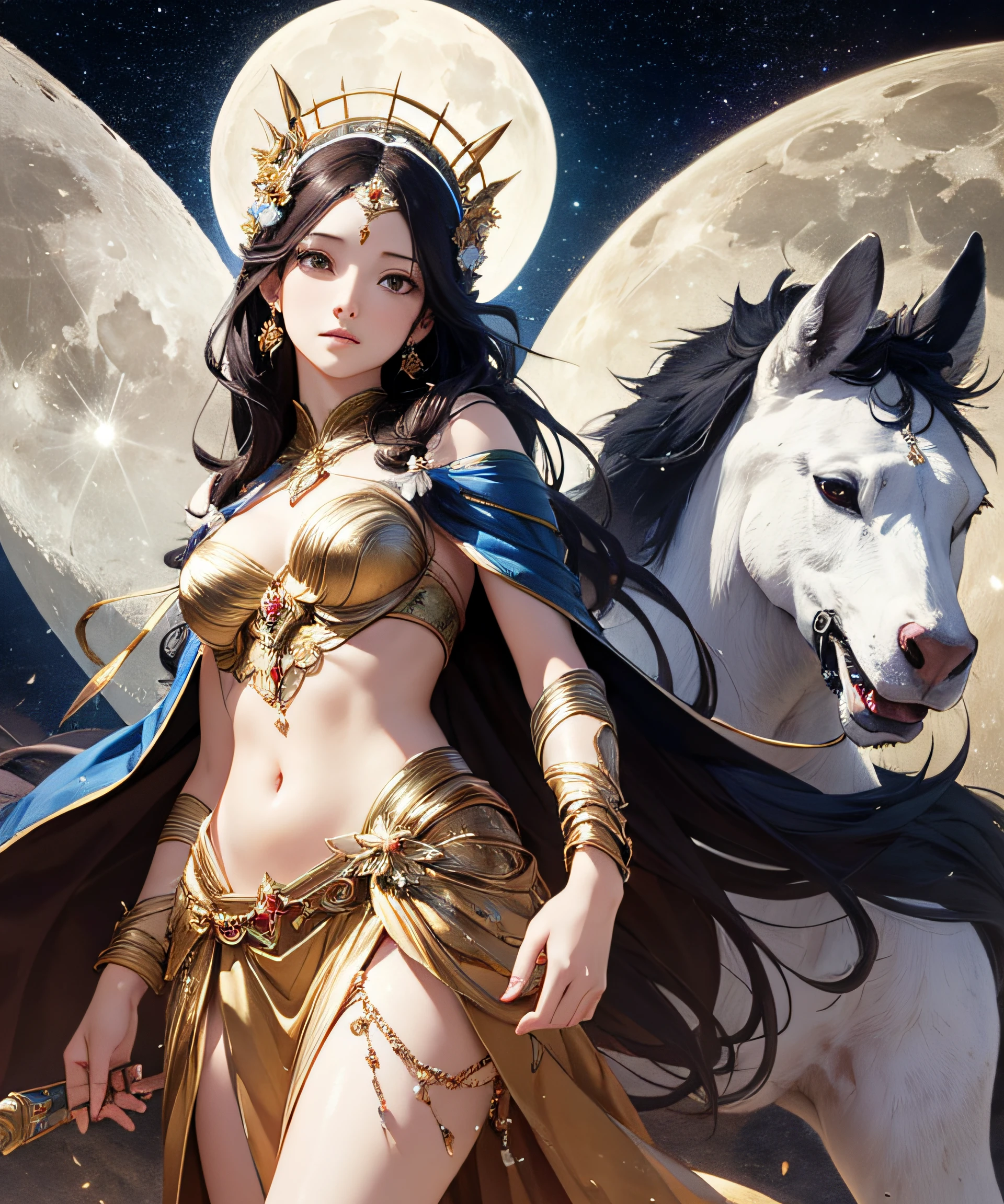 masterpiece, highest quality, realistic, wallpaper, official art, goddess of the moon, artemis, full body, transcendent beauty, bewitching, seduction, unknown, skin luster, hair luster, lonely eyes, age unknown