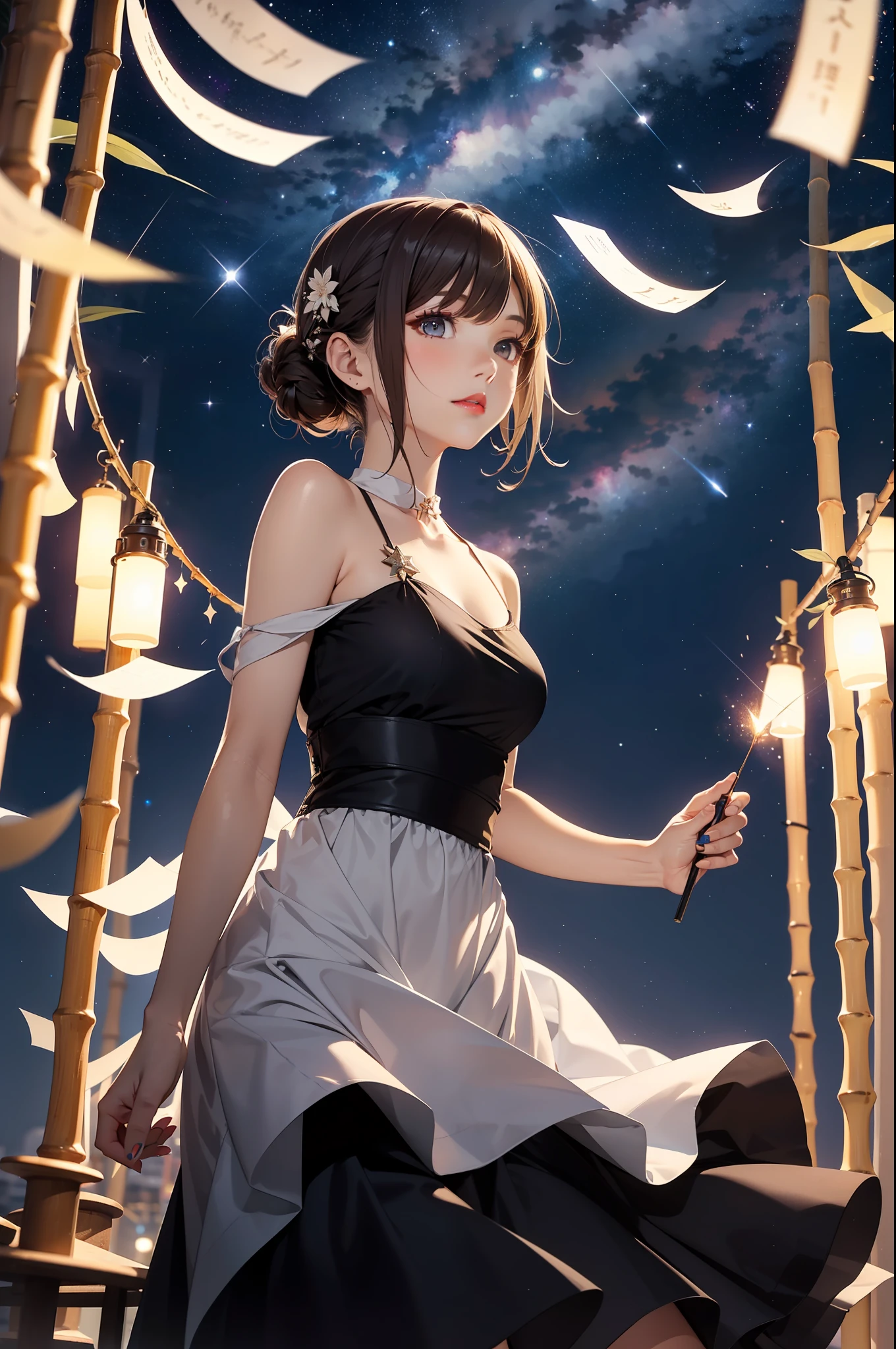 Absurd, high resolution, super detailed, (1 girl: 1.3), night scene shooting, beautiful brown hair with soft transparency, cute gray thread with a little power, attractive mouth, makeup, striking red lips, dramatic lighting, a little provocative but staring at us with a very soft smile. Dress with white definition, Tanabata, Milky Way, galaxy, milky way, night sky, tremendously beautiful night sky, bamboo, strips of paper, wishes, high sky, shooting stars,