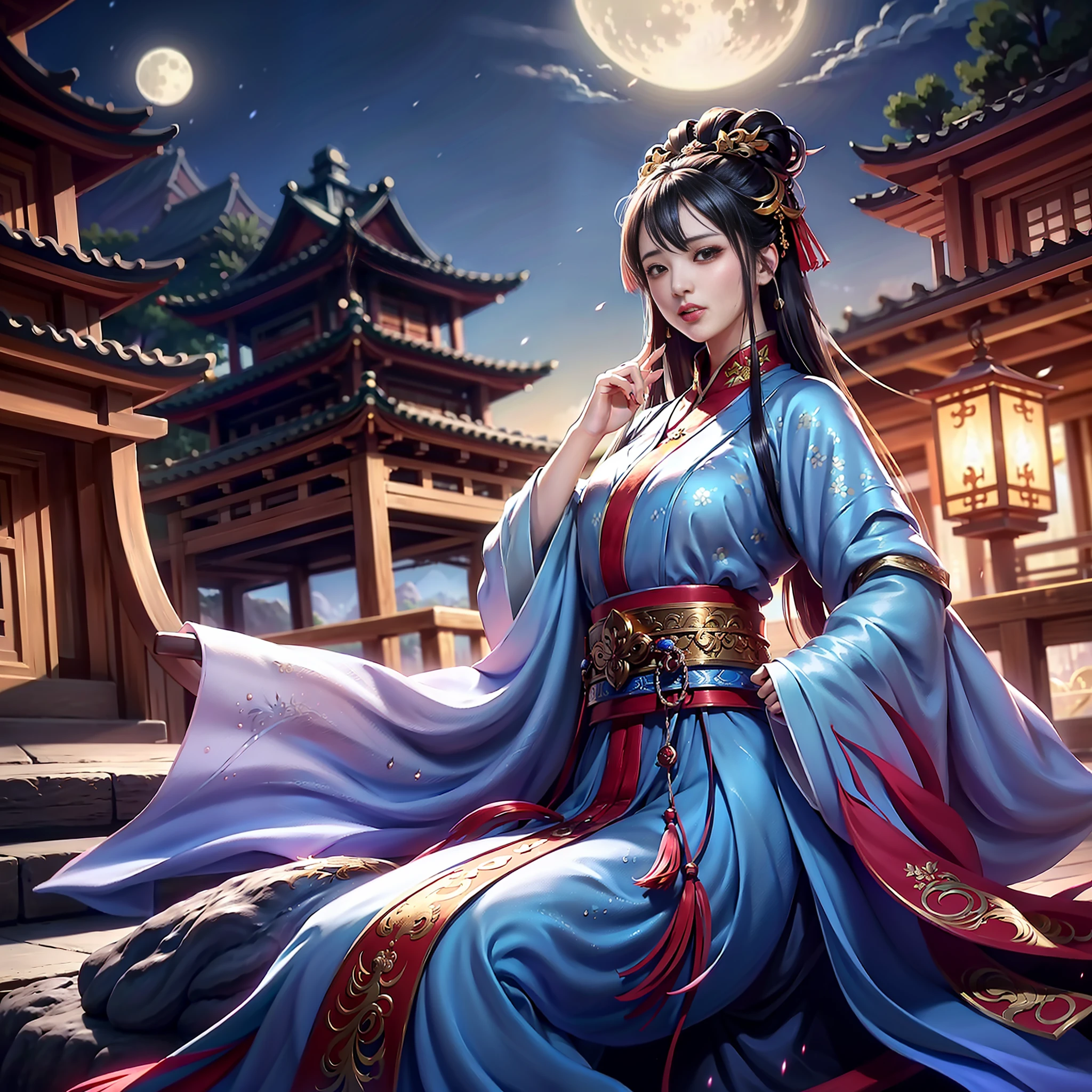 (8k, RAW photo:1.2), best quality, ultra high res,dramatic angle,(fluttered detailed color splashs), (illustration),(((1 girl))),(long hair),(rain:0.9), (头饰:1.4),少女身边有一座古宫,汉服,(重点),彩色水墨画,(泼彩),泼彩,(((colorful))),(素描:0.8) , Masterpiece, best quality, beautiful painted, highly detailed,(denoising:0.6),[splash ink],((ink refraction)), (beautiful detailed sky),moon,highly,detaild,(masterpiece, best quality, extremely detailed） CG unity 8k壁纸，杰作，最好的质量，超详细），（石蒜），