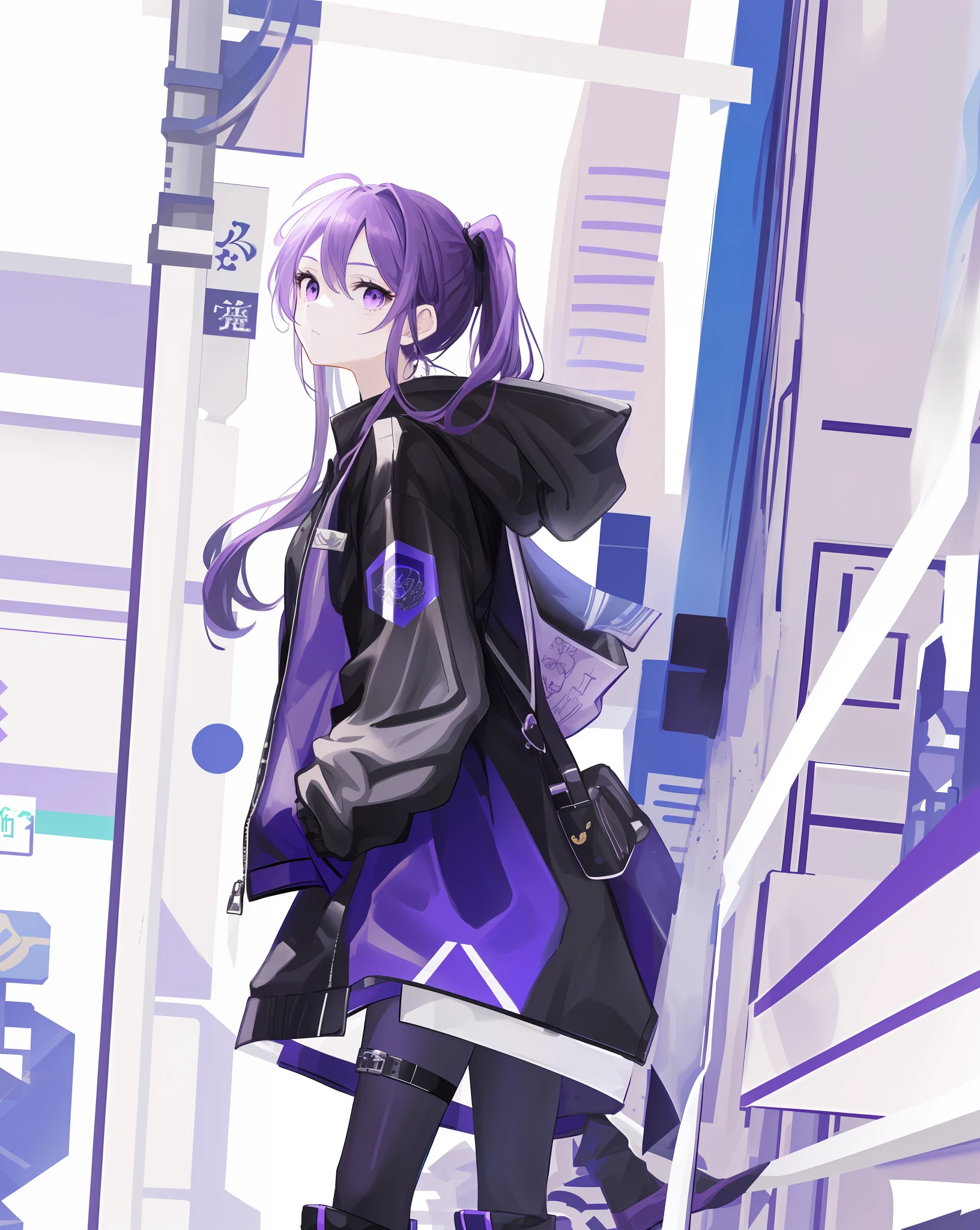 Character design picture, on white background, a girl with purple double ponytail hair and purple eyes wearing a black jacket, with blue surround on the front to face the camera and put her hands in the pocket of the jacket to face the audience, the girl also wearing black boots, epic exquisite character art, amazing characters