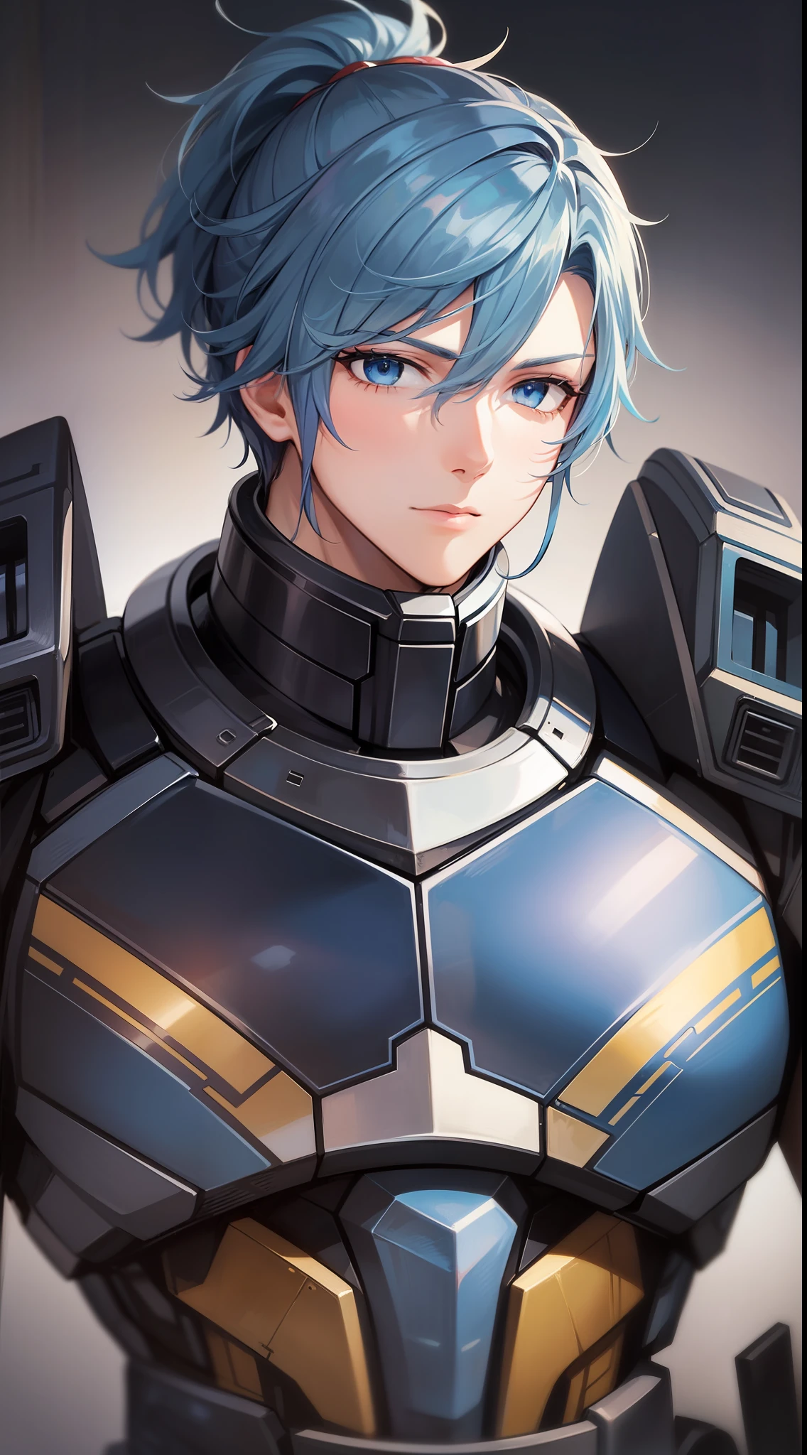 Adult guy, short blue hair, high ponytail, blue eyes, Autobot armor, masterpiece, high quality