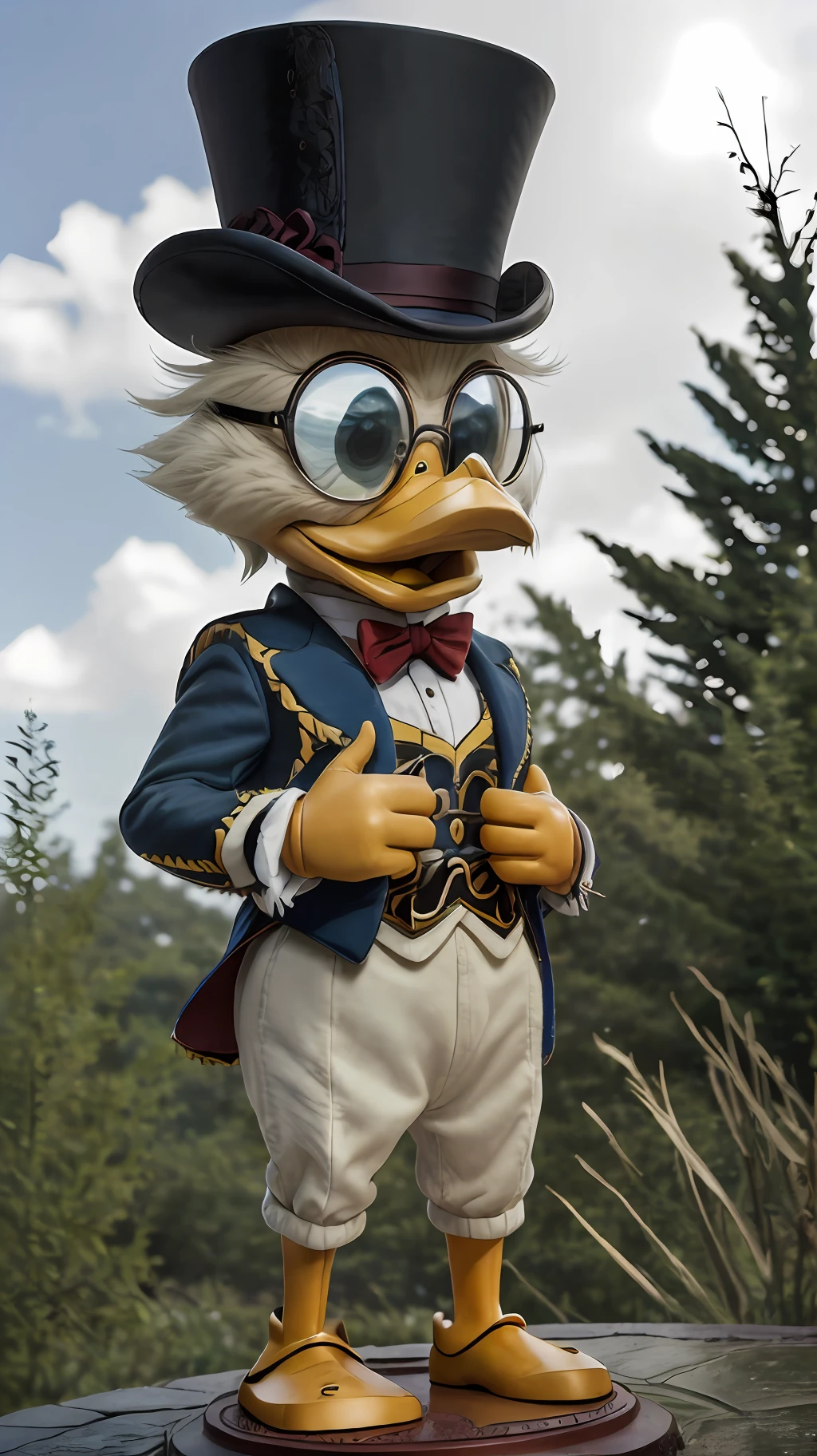 Donald Duck, wearing glasses, full body photo: 1.2, side lighting, rim lighting in the top hat, shallow and sharp depth of field, heroic, (curvy: 1.4), (highly detailed), (award-winning), (Masterpiece), still from the movie, (HDR), (8k wallpaper), red cover costume, black top hat, looking at me, sky background, Donald Duck focus