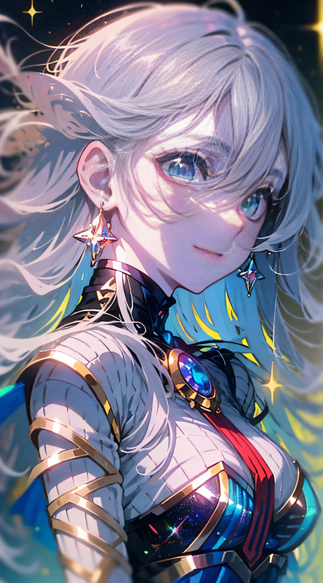 (Simple hand: 0.5) + (Detailed hand: 0.7), (Masterpiece), (Best quality), White hair, red eyes, 1 girl, pale skin, white hair, red eyes, bicolor hair, eyelashes, bracelets, jewelry, smile, sparkling skin, shiny hair, detailed and majestic stage, fantasy, long hair, 1 girl, bicolor hair, night sky, incredibly detailed CG illustration masterpiece looking at you, anime, beautiful anime eyes, beautiful detailed eyes, eyes, sparkling eyes, Different colored eyes, red eyes, blue eyes, galaxy, nebula, (whole body), (curve)