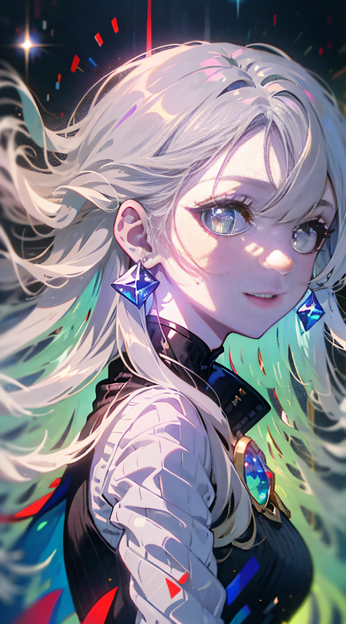 (Simple hand: 0.5) + (Detailed hand: 0.7), (Masterpiece), (Best quality), White hair, red eyes, 1 girl, pale skin, white hair, red eyes, bicolor hair, eyelashes, bracelets, jewelry, smile, sparkling skin, shiny hair, detailed and majestic stage, fantasy, long hair, 1 girl, bicolor hair, night sky, incredibly detailed CG illustration masterpiece looking at you, anime, beautiful anime eyes, beautiful detailed eyes, eyes, sparkling eyes, Different colored eyes, red eyes, blue eyes, galaxy, nebula, (whole body), (curve)