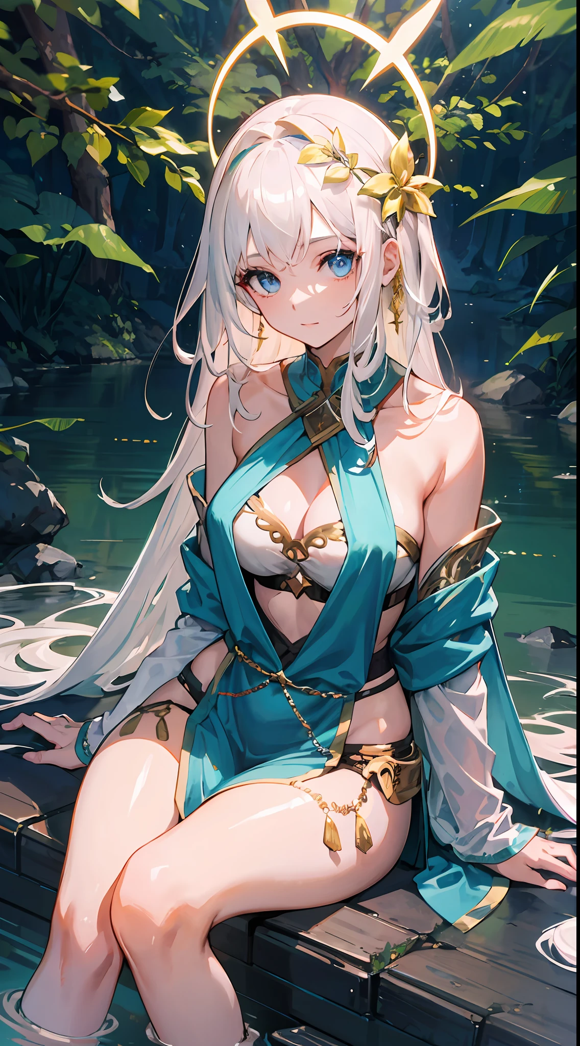 In the middle of the forest, a flowing white-haired girl, golden covered blue eyes, sat by the river, she was very beautiful, she was a goddess of beauty, wearing goddess cloth and have gold halo in upper her head, 8k background