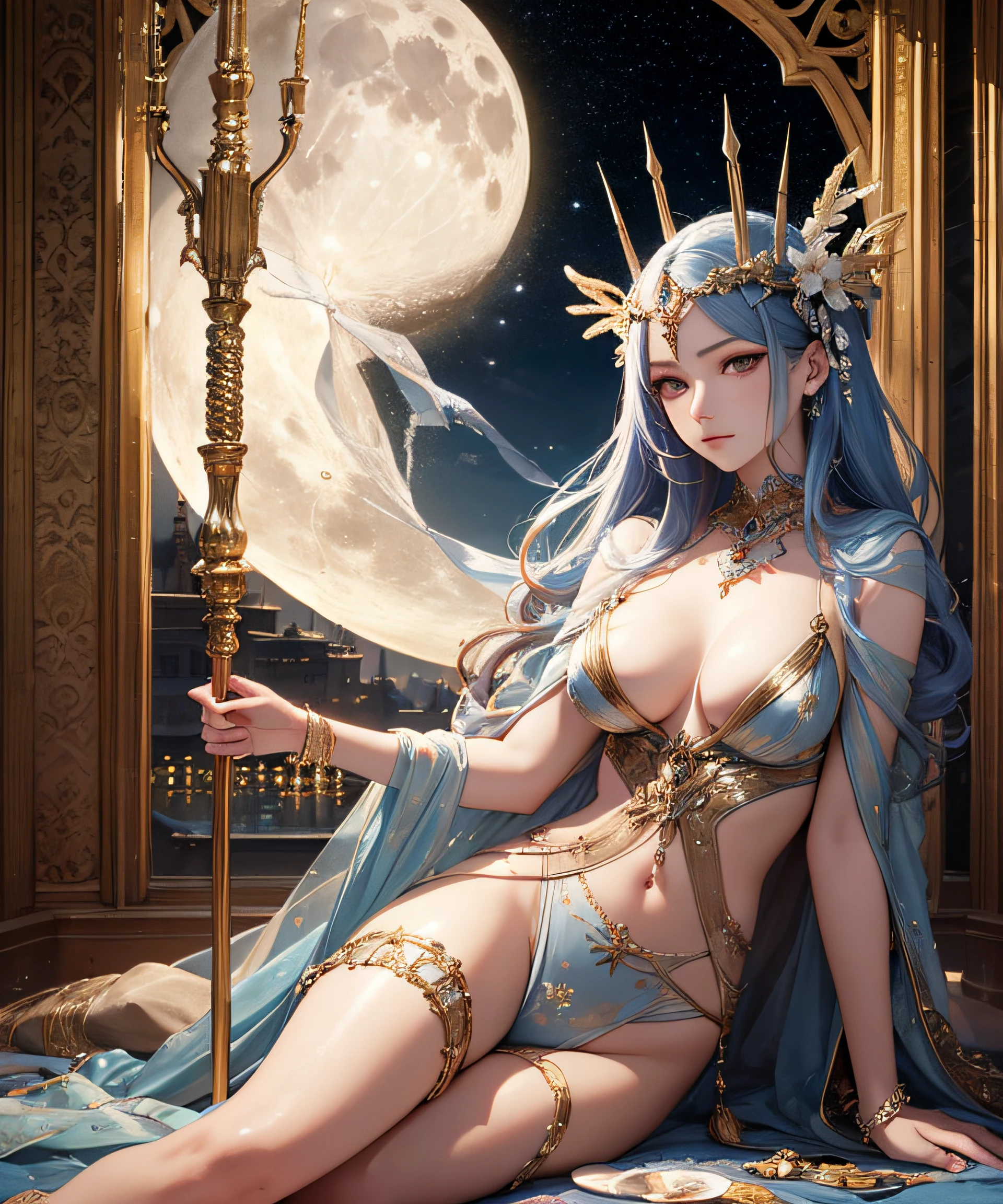 masterpiece, highest quality, realistic, wallpaper, official art, goddess of the moon, artemis, full body, transcendent beauty, bewitching, seduction, unknown, skin luster, hair luster, lonely eyes, age unknown