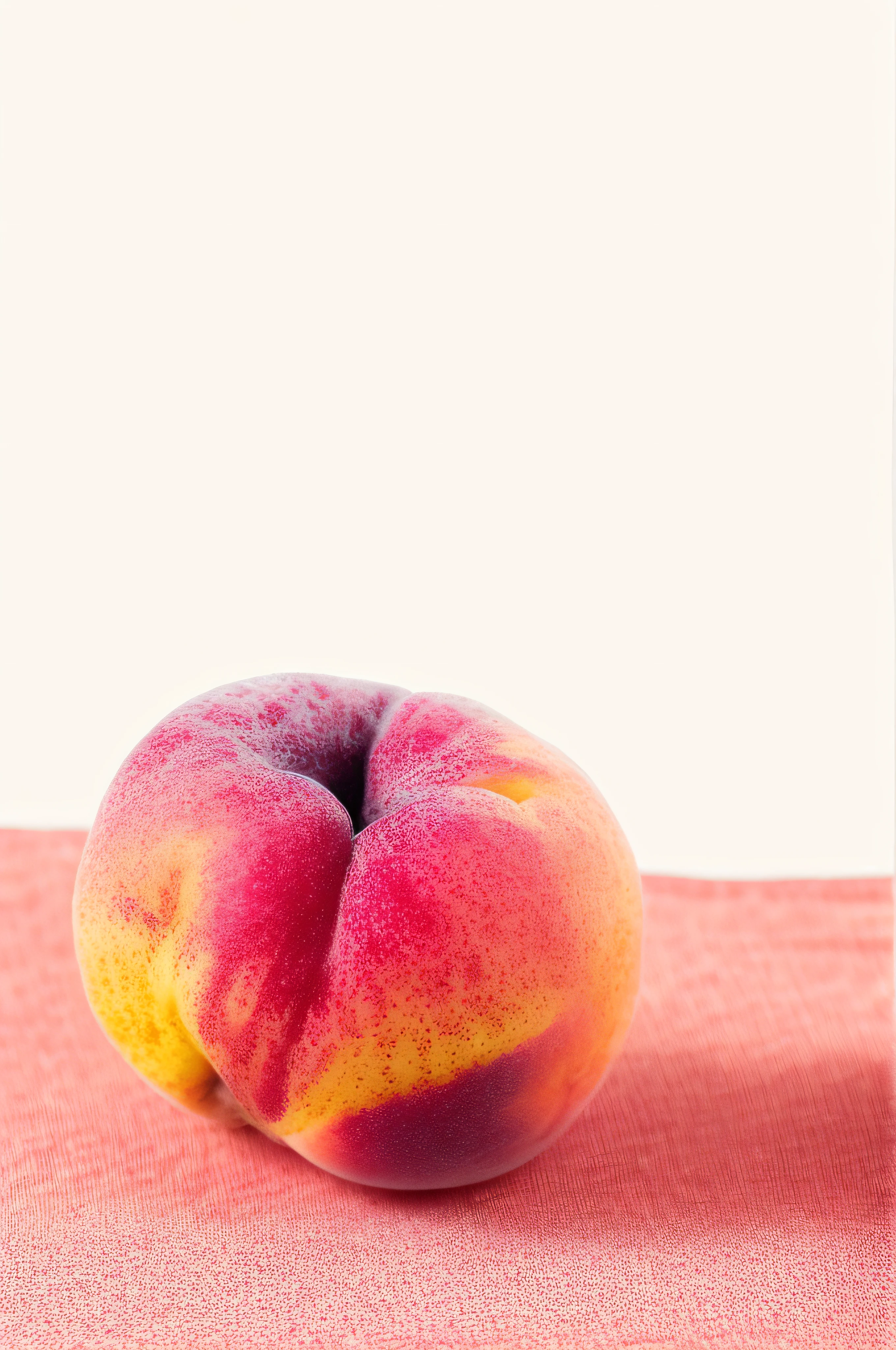 there is a pink peach on a white surface with a brown background, a human-like juicy peach, covered with pink marzipan, material is!!! plum!!!, she is easting a peach, on a pale background, peach, peach and goma style, peaches, high angle close up shot, layed on a red velvet fabric, on a velvet table cloth
