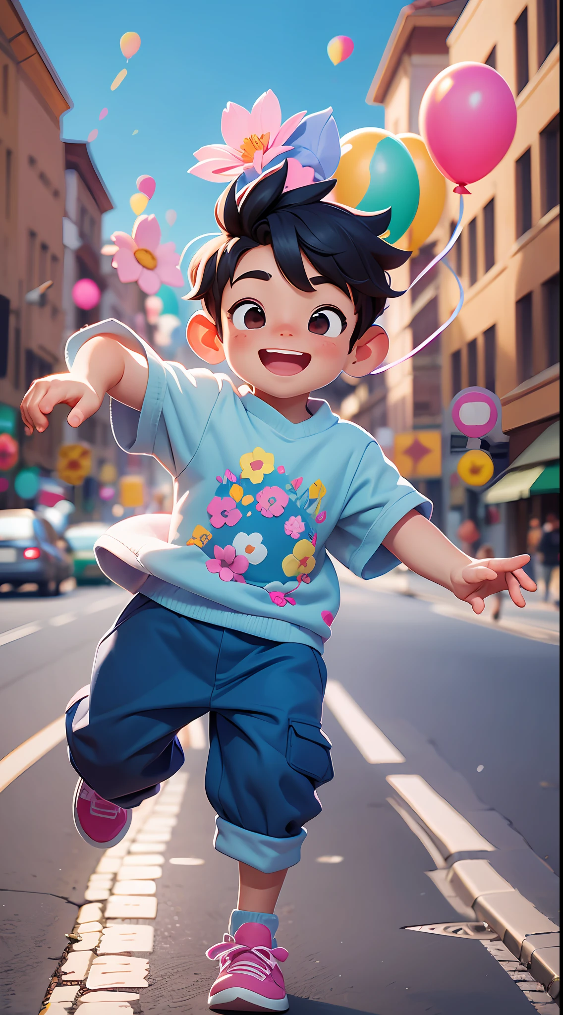 A 5-year-old boy running down the street with colorful balloons floating in the sky, dreaming, dancing, holding flowers, full body picture, happy, happy, perfect quality, clear focus (clutter - home: 0.8), (masterpiece: 1.2) (Realistic: 1.2) (Bokeh) (Best quality) (Detailed skin: 1.3) (Intricate details) (8K) (Detail Eyes) (Sharp Focus), (Happy)