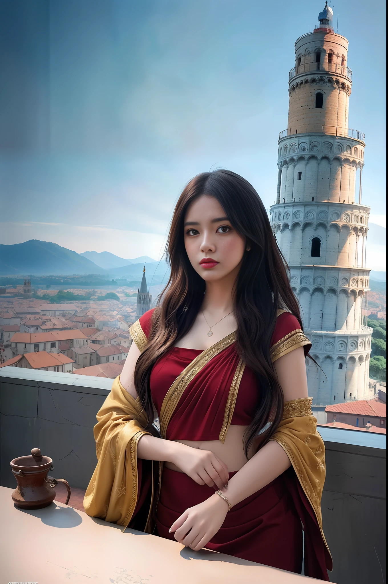 modelshoot style, (extremely detailed CG unity 8k wallpaper),full shot body photo of the most beautiful artwork in the world, stunningly beautiful photo realistic cute women intricately detailed costume, navel,princess eyes,(Leaning Tower Of Pisa background), professional majestic oil painting by Ed Blinkey, Atey Ghailan, Studio Ghibli, by Jeremy Mann, Greg Manchess, Antonio Moro, trending on ArtStation, trending on CGSociety, Intricate, High Detail, Sharp focus, dramatic, photorealistic painting art by midjourney and greg rutkowski