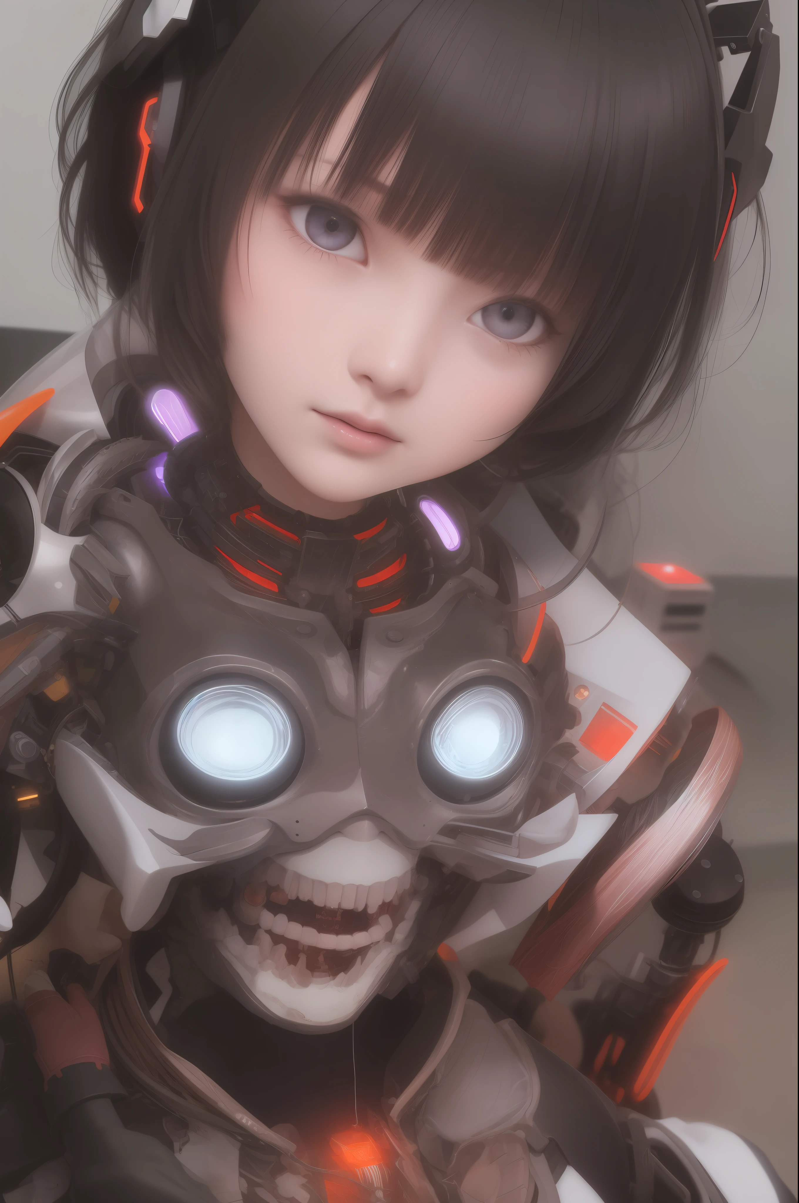 (Raw photo: 1.2), ((Photorealistic: 1.4)) Top quality masterpiece, very delicate and beautiful, highly detailed CG, Unity, 8k wallpaper, amazing, fine detail, masterpiece, highly detailed CG Unity 8k wallpaper, absurd, incredibly absurd, cute, highest quality, masterpiece, ultra high resolution, (photorealistic: 1.4), raw photo, beautiful lake, 12 year old girl, 12 year old girl, black hair, shiny skin, 1 cyborg girl, (ultra-realistic details)), portrait, global illumination, shadows, octane rendering, 8K, ultra sharp, big, cleavage exposed raw skin, metal, intricate ornament details, headset, hydraulic cylinder, very intricate details, realistic light, CGSoation trend, purple eyes, glowing eyes, facing the camera, neon details, mechanical limbs, blood vessels connected to tubes, mechanical vertebrae attached to the back, mechanical cervical attachment to the neck, sitting, wires and cables connecting to the head, evangelion, cyberpunk, small LED lamp,