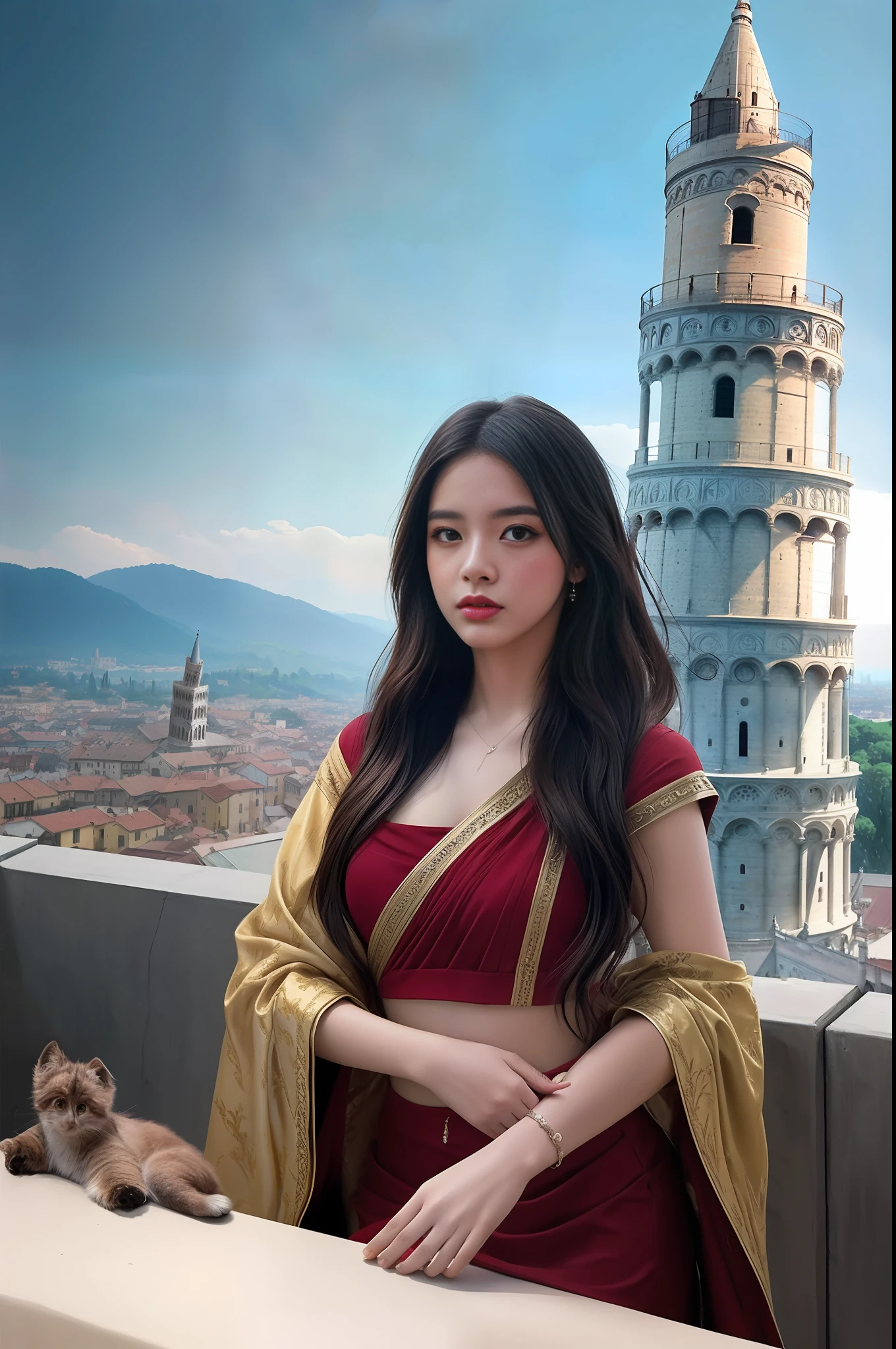 modelshoot style, (extremely detailed CG unity 8k wallpaper),full shot body photo of the most beautiful artwork in the world, stunningly beautiful photo realistic cute women intricately detailed costume, navel,princess eyes,(Leaning Tower Of Pisa background), professional majestic oil painting by Ed Blinkey, Atey Ghailan, Studio Ghibli, by Jeremy Mann, Greg Manchess, Antonio Moro, trending on ArtStation, trending on CGSociety, Intricate, High Detail, Sharp focus, dramatic, photorealistic painting art by midjourney and greg rutkowski