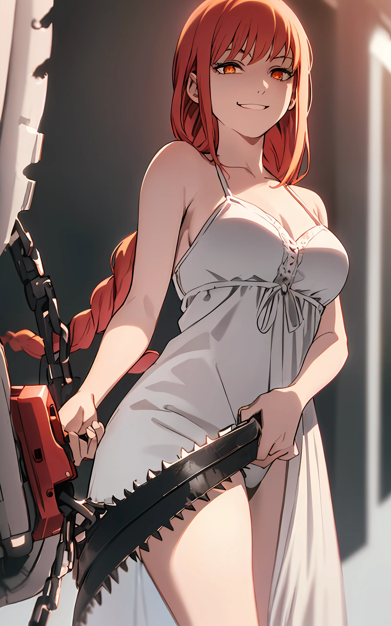 Black pubic hair, white lingerie, real horse \ (chainsaw man\), best quality, super detailed, 1 girl, solo, standing, red hair, long braid hair, blonde eyes, bangs, medium breasts, smile, (evil: 1.2), looking at the audience, (interview: 1.3), (dark background, chain: 1.3)
Makama \ (Chainsaw Man\)