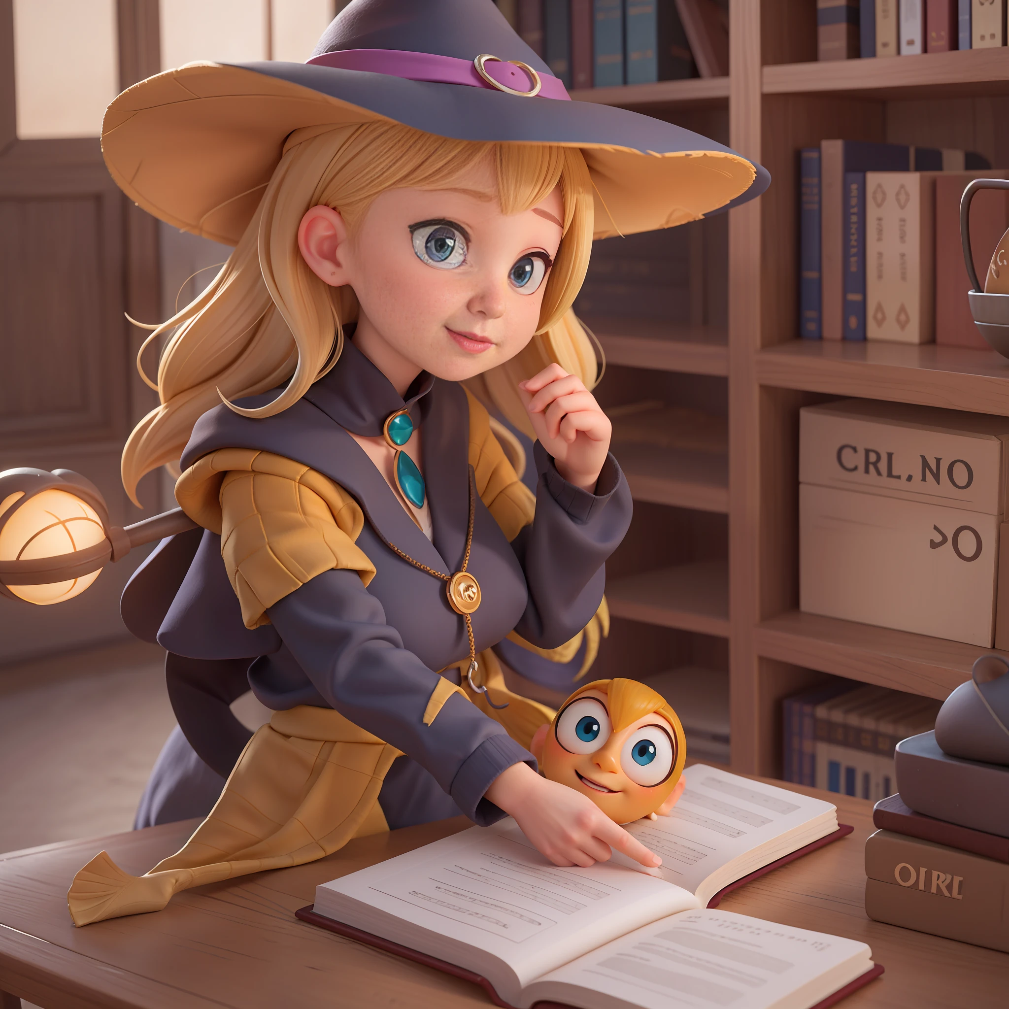 a cute pixar witch in a pixar library, pixar, sun light, warm color background