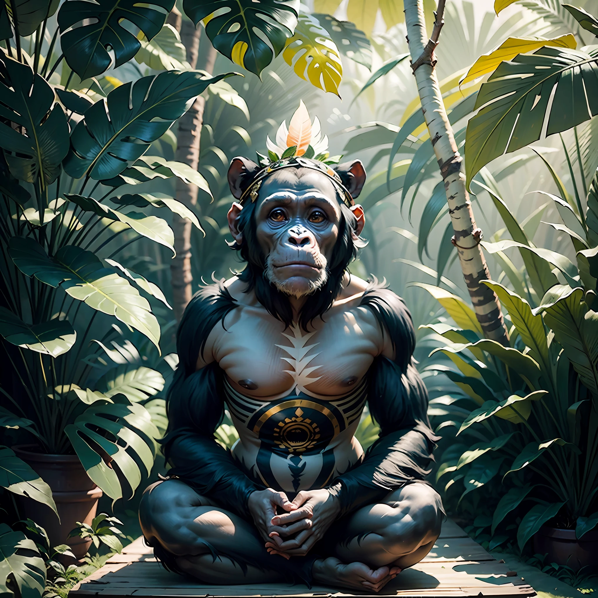 Adult chimpanzee praying with indigenous headdress on head, ((meditating)) large colored feathers, facing the camera, detail: sitting facing the camera, scene structure: in the middle of dense tropical foliage, highly detailed intricate, ((masterpiece)), ultra hyperrealistic, masterpiece