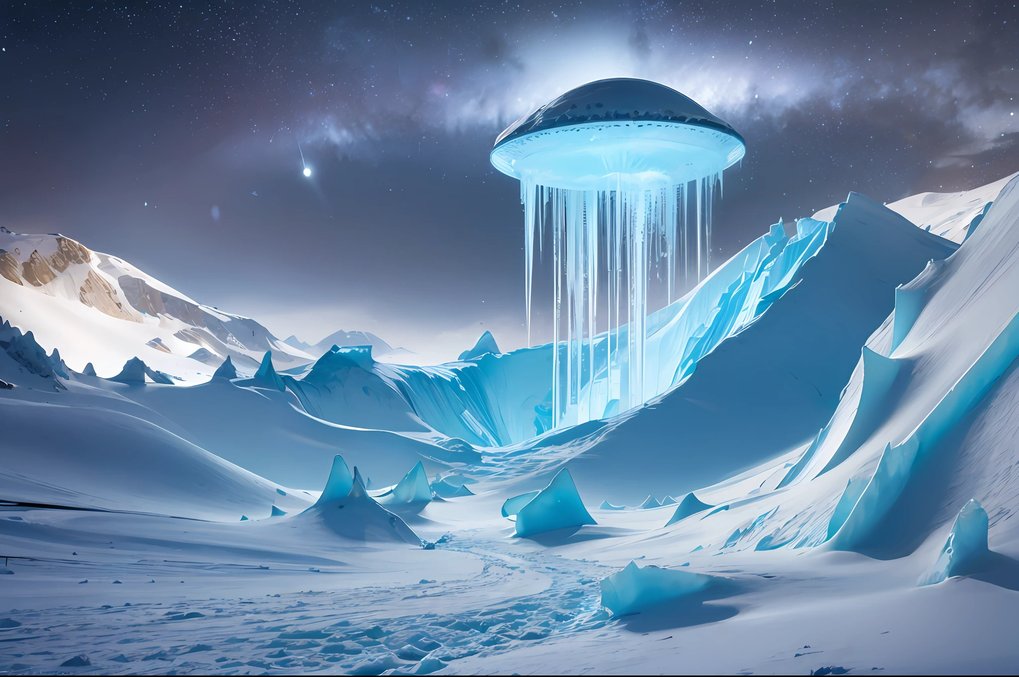 UFOs, neon lights, frozen earth, ice and snow overwhelmed, glaciers everywhere, magnificent sights, a world of snow