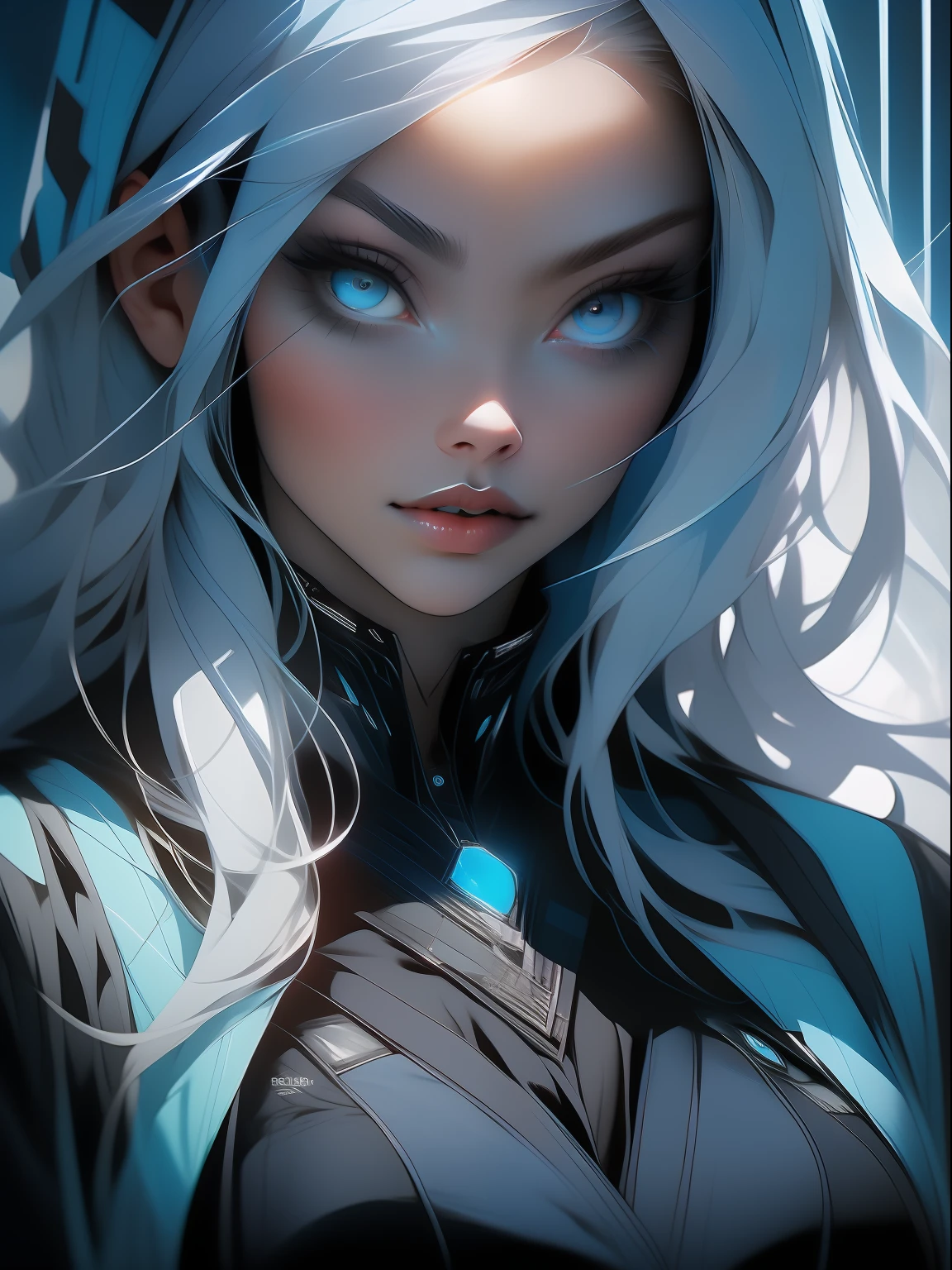 A breathtaking portrait of a woman with mesmerizing blue eyes, dressed in a black jacket, and exuding an air of neofuturistic elegance. The artwork captures every fine detail, showcasing a highly detailed and vibrant representation. (Inspired by: "a woman with blue eyes and a black jacket, neofuturistic highly detailed, behance favourite, light grey-blue eyes, fine details")