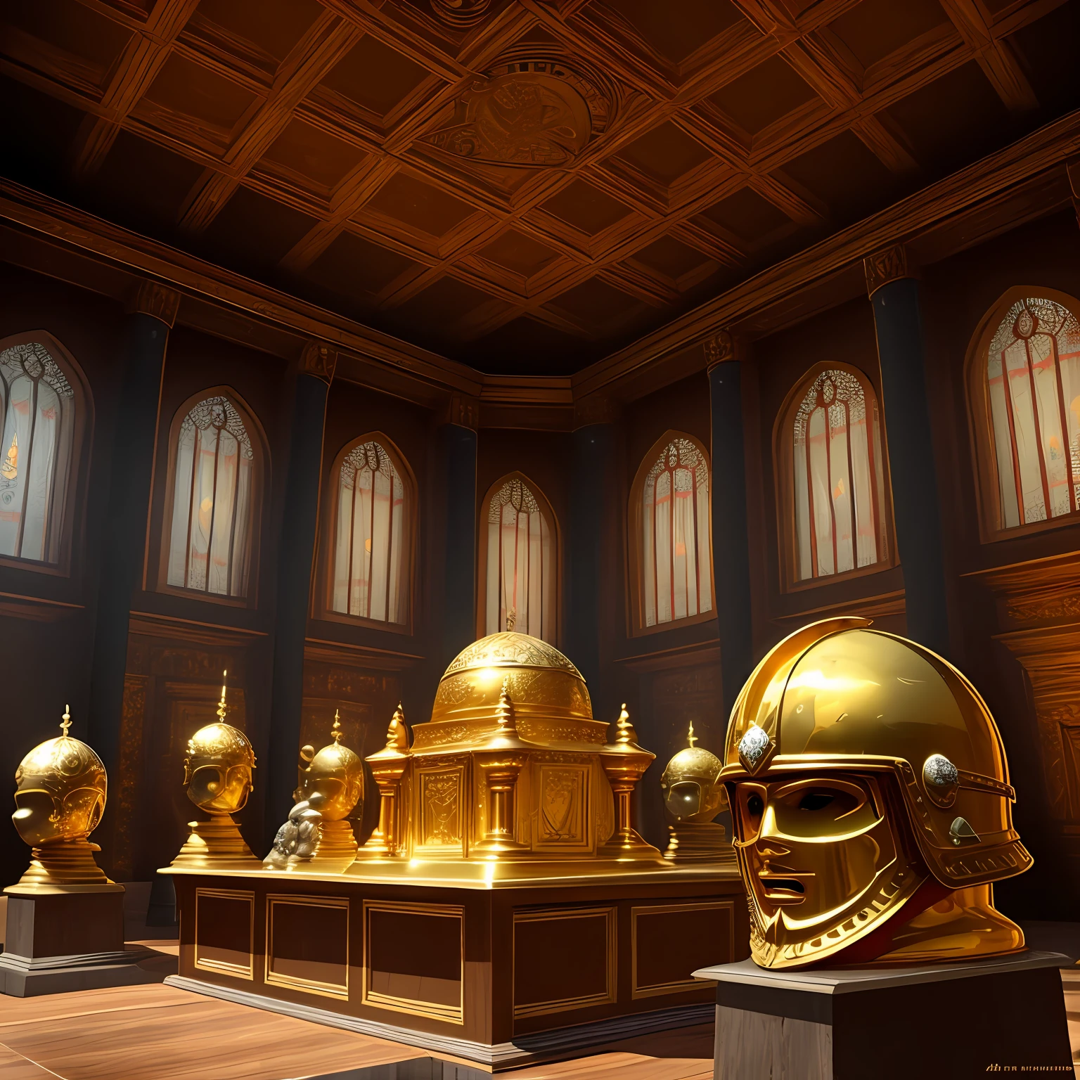 Image of a golden hall of medieval times, image of a golden hall of medieval time, well detailed, details on the wall, details on the ceiling, details of the floor, extremely golden and shiny, inside it is a golden helmet, gladiator helmet, helmet on top of a table protected by stone guardians --auto