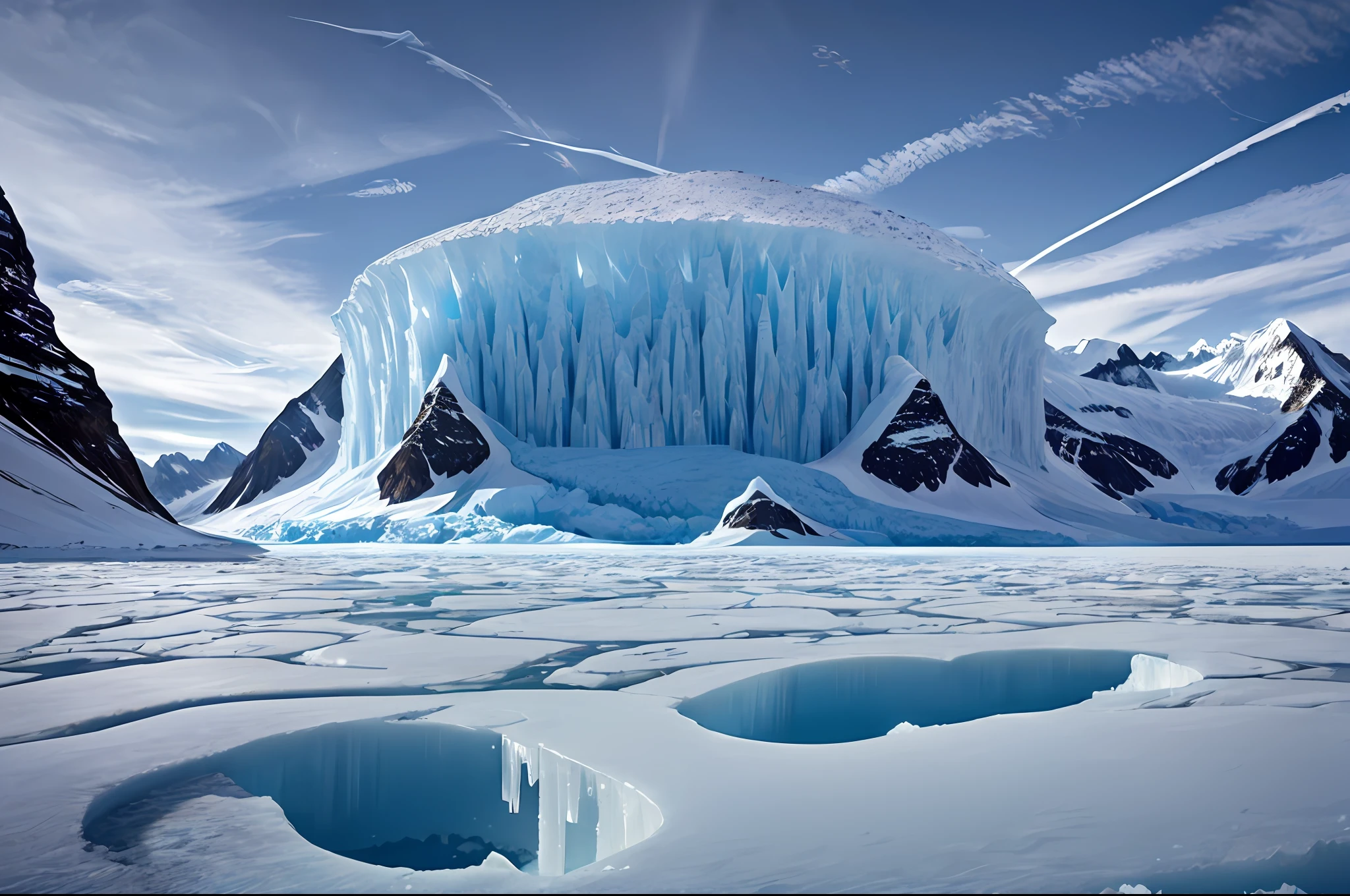 UFOs, neon lights, frozen earth, ice and snow overwhelmed, glaciers everywhere, magnificent sights, a world of snow