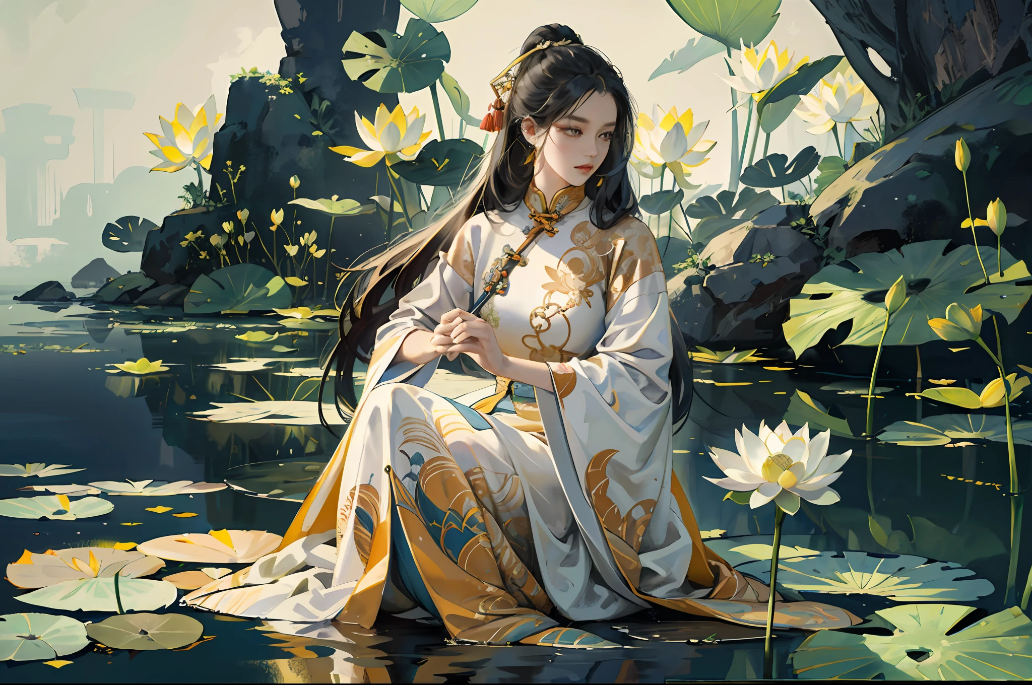 An ancient Chinese beauty sitting on a stone, wearing ancient Chinese clothing, flowing tulle, light silk, lazy posture, large lotus leaf, lotus, ink painting style, clean color, decisive cutting, blank, freehand, masterpiece, super detailed, epic composition, high quality, the highest quality, 4k --v 6