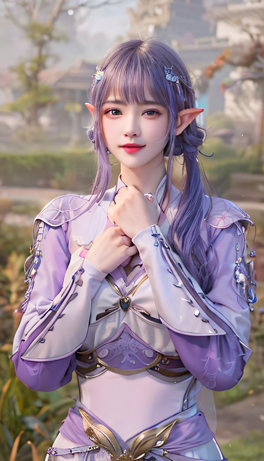 A close-up of a person in purple costume and purple hair, seductive princess knight, beautiful woman with violet skin, giggling character, ultra-detailed fantasy character, Yunling, full body fairy, Hirase Jinyao, beautiful and elegant queen, portrait of the queen, beautiful elf with gorgeous robes,