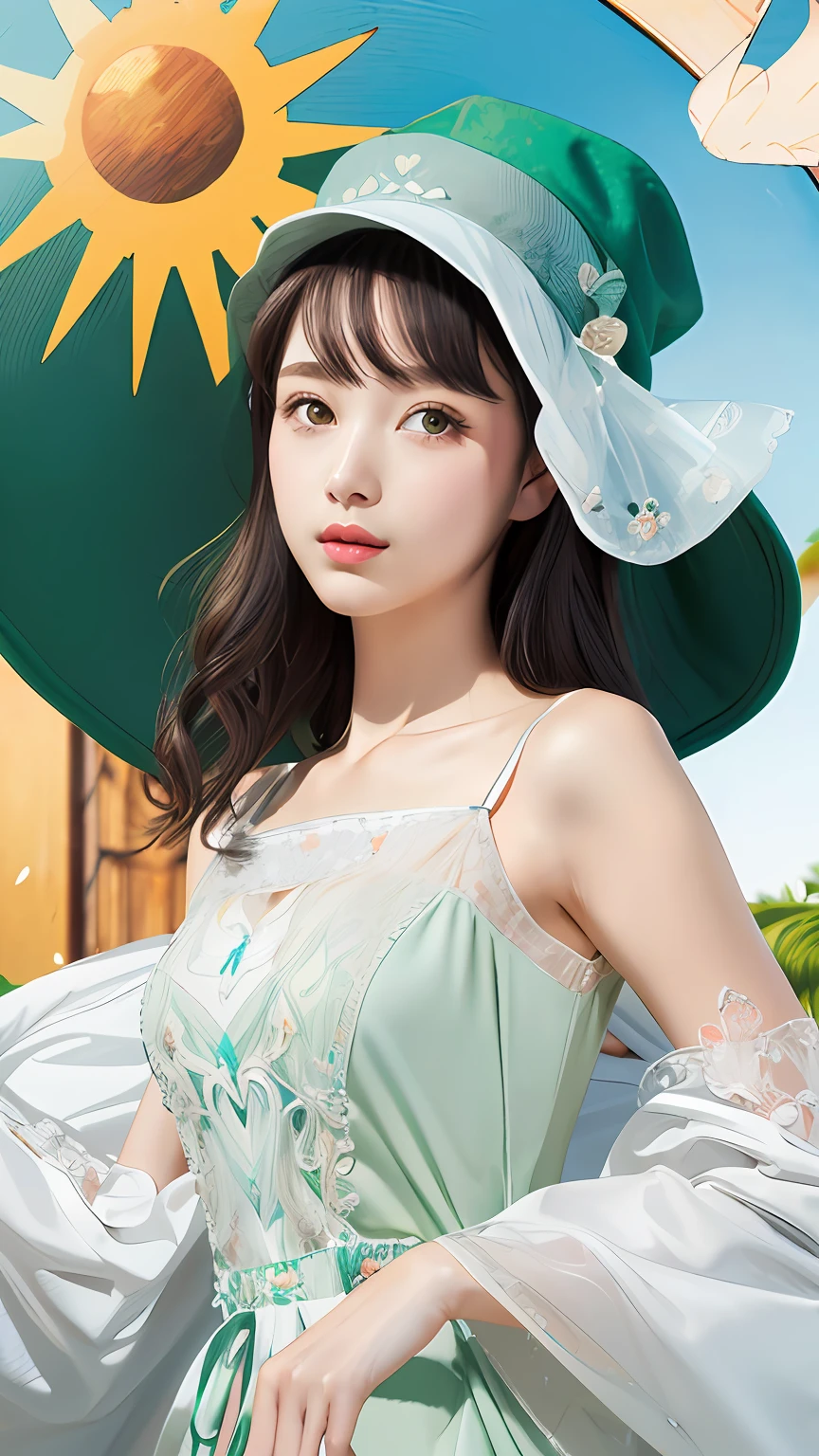 (((Masterpiece))), (((Best Quality))), ((Ultra Detailed)), (Illustration), (((Extremely Delicate and Pretty)), Princess Green Hat, Full Picture, Sun Hat