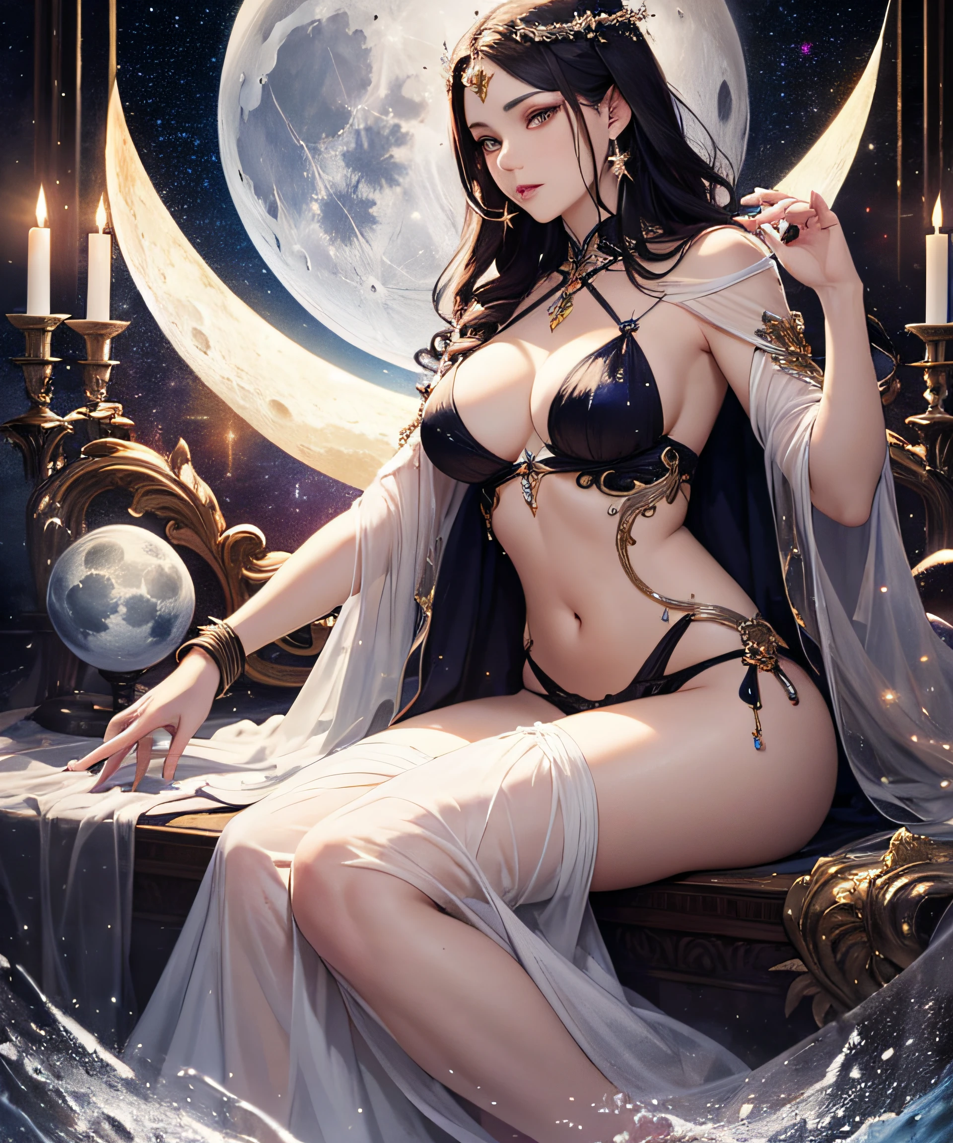 masterpiece, top quality, realistic, wallpaper, official art, goddess of the moon, artemis, full body, transcendent beauty, bewitching, seduction, seduction, enchantment, unknown, skin gloss, hair luster, lonely eyes, stars of the galaxy, moonlight bath