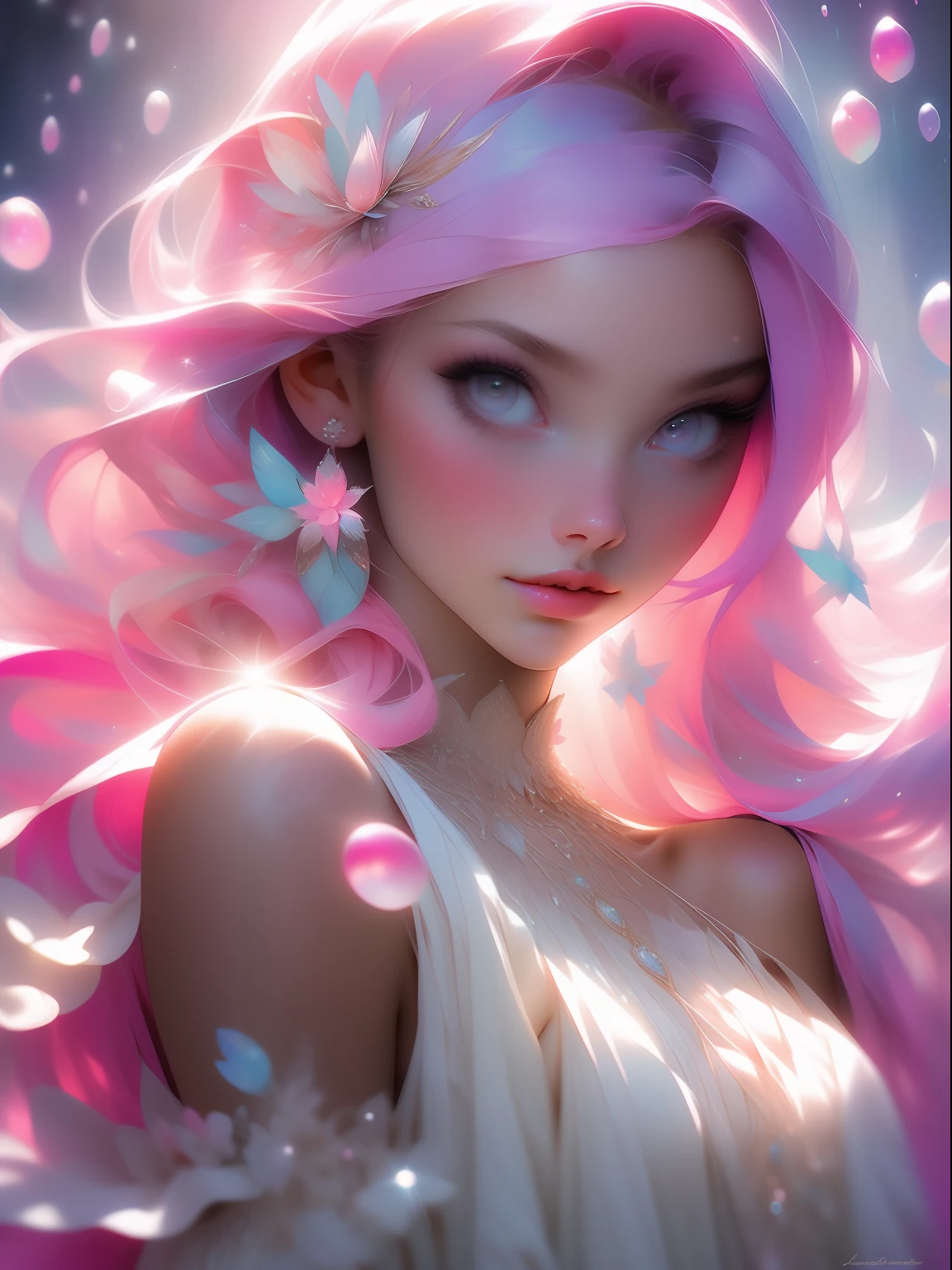 Explore the ethereal beauty of a young woman named Aurora Moonstone, captured in a stunning realistic photograph. Her bubblegum pink hair falls in soft waves, and her eyes sparkle with a mix of random colors, reflecting her ever-changing emotions. She wears an exquisite dress adorned with hyperdetailed paintings inspired by luminism, bringing a sense of magical light and depth to the artwork.