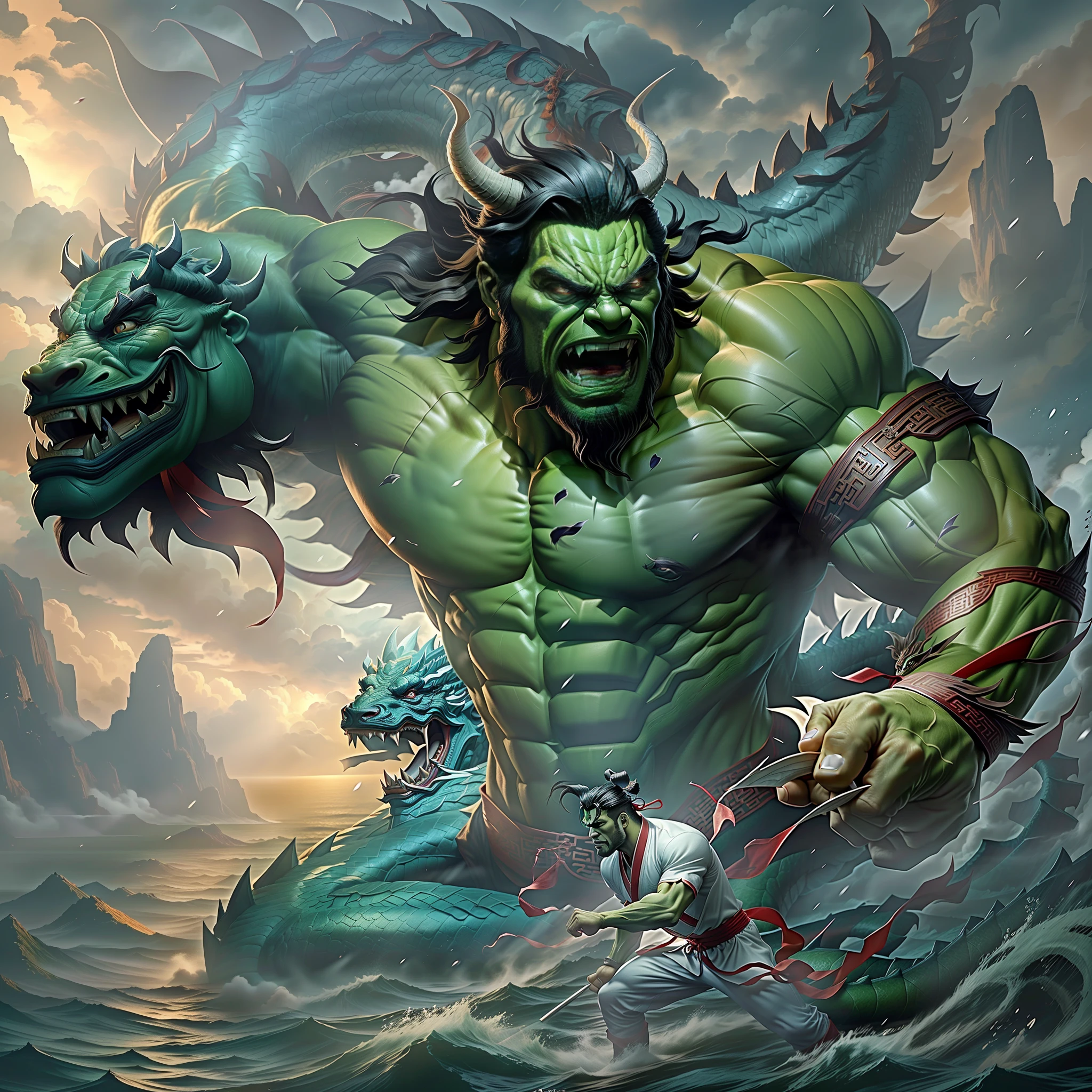 real photo very wide shot, dynamic angle, from above,Chinese mythology, (1man,chinese hulk fighting:1.2 at white chinese-dragon),(bun,black hair,Long red ribbon,chinese clothes),dynamic pose, (solo:1.2),in ocean, clouds, Cinematic Lighting, Accent Lighting,dramatic_shadow,ray_tracing, film still,xianxia style,