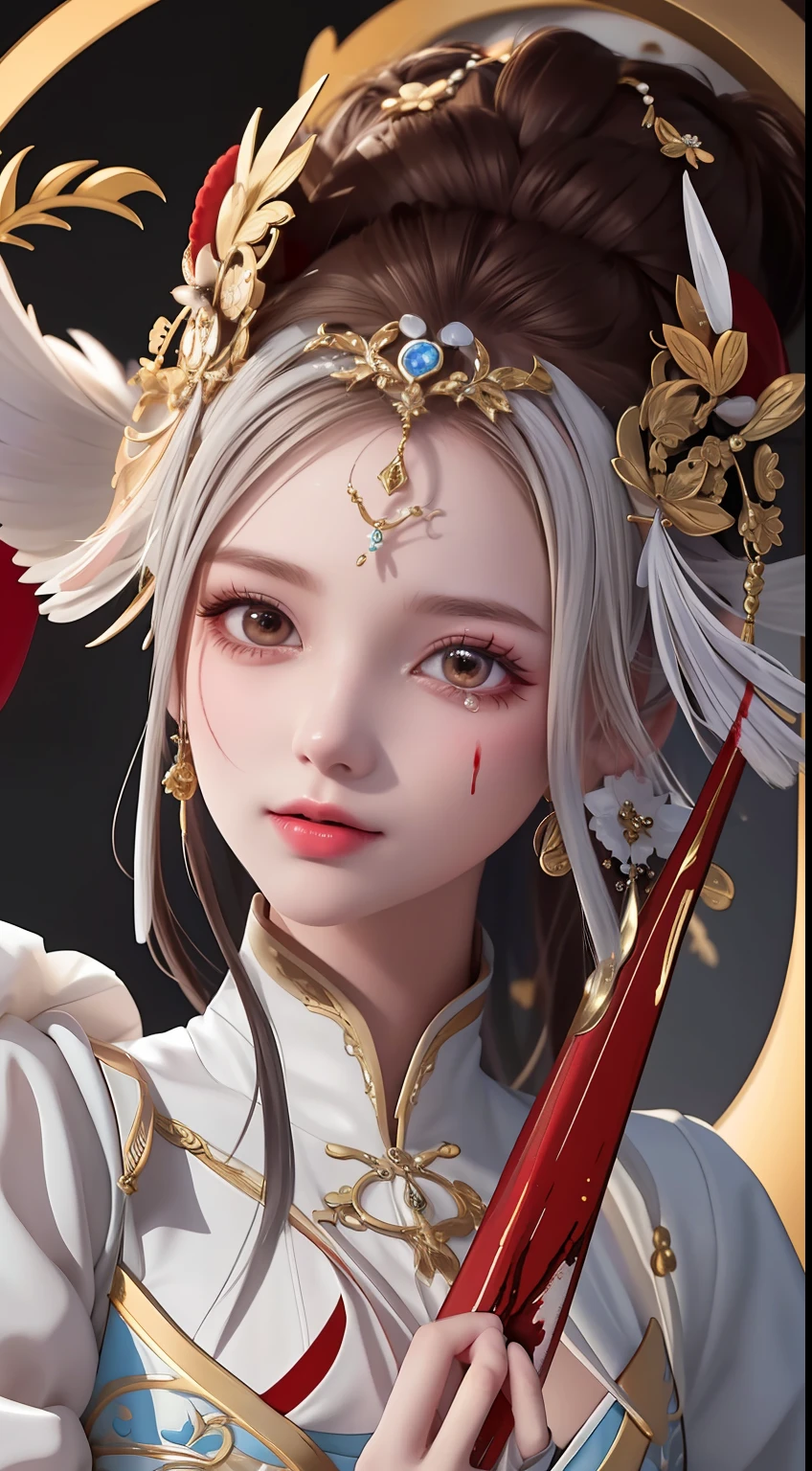 Close-up of a woman in a white dress and red headdress, beautiful character painting, detailed painting 4 K, 8K high quality detail art, this is a close-up illustration depicting a character in a costume. The painting was created in the art form of the "Guweiz" style. The tears of the characters in the painting are blood red, and the whole is set against a pure white background. She is portrayed as a goddess of love and beauty. There is a lot of blood in the picture, giving it a very bloody feeling. And with white as a background. The costumes and facial expressions of the characters are very detailed, showing detailed depictions. The overall picture is covered with blood, giving people a palpitating feeling.