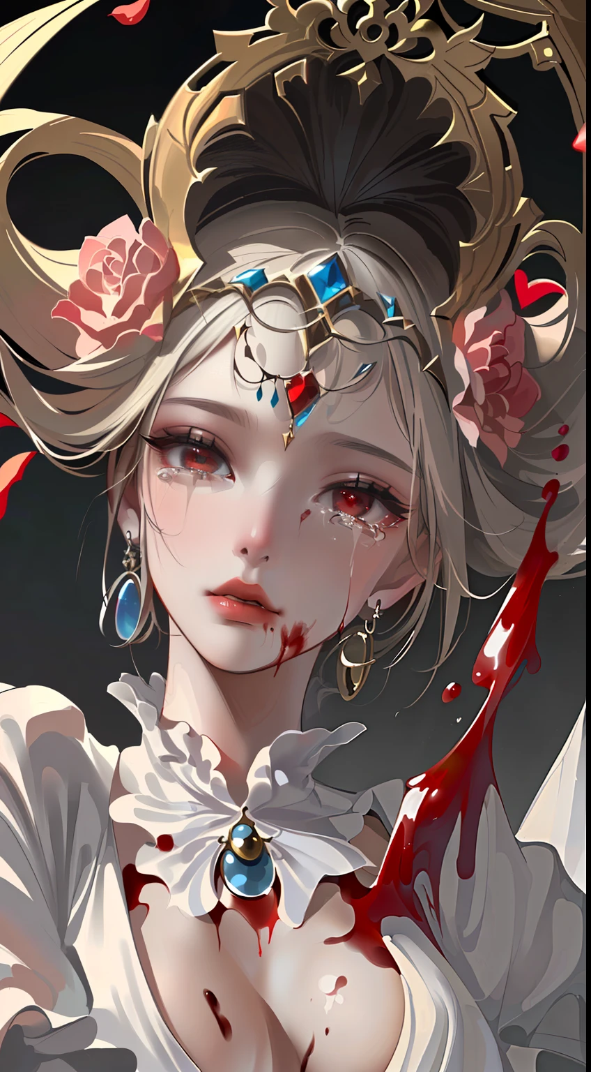 Close-up of a woman in a white dress and red headdress, beautiful character painting, detailed painting 4 K, 8K high quality detail art, this is a close-up illustration depicting a character in a costume. The painting was created in the art form of the "Guweiz" style. The tears of the characters in the painting are blood red, and the whole is set against a pure white background. She is portrayed as a goddess of love and beauty. There is a lot of blood in the picture, giving it a very bloody feeling. And with white as a background. The costumes and facial expressions of the characters are very detailed, showing detailed depictions. The overall picture is covered with blood, giving people a palpitating feeling.