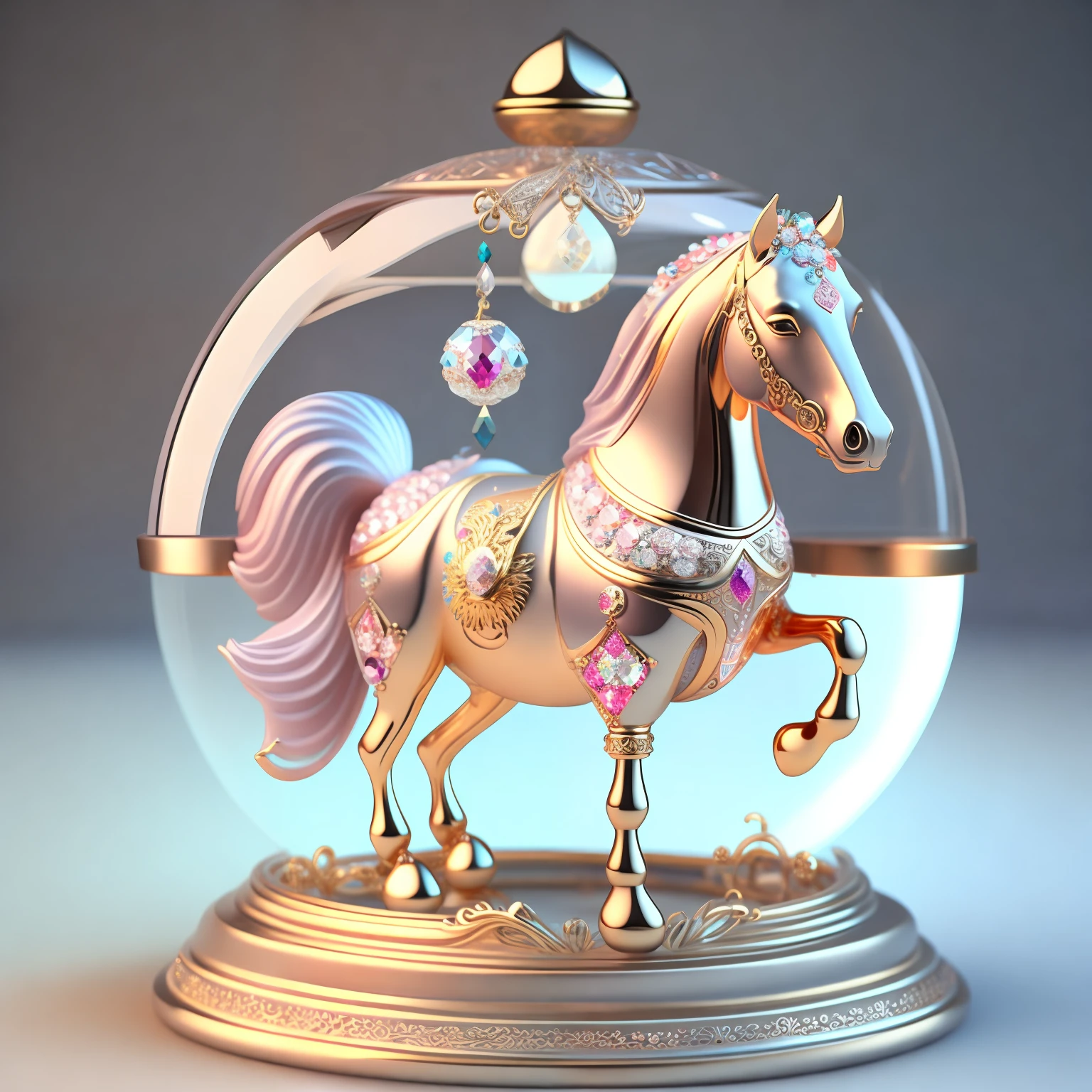 A cute crystal ball zodiac horse embellished with various jewelry ornaments and low-poly eyes is a highly detailed and complex work of concept art using Artstation 8k quality.