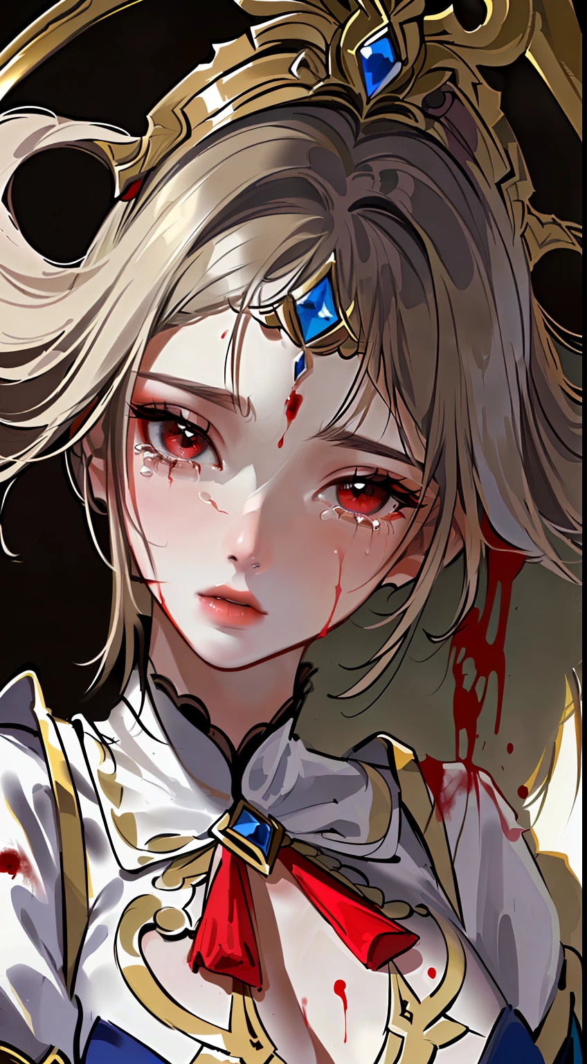 Close-up of a woman in a white dress and red headdress, beautiful character painting, detailed painting 4 K, 8K high quality detail art, this is a close-up illustration depicting a character in a costume. The painting was created in the art form of the "Guweiz" style. The tears of the characters in the painting are blood red, and the whole is set against a pure white background. She is portrayed as a goddess of love and beauty. There is a lot of blood in the picture, giving it a very bloody feeling. And with white as a background. The costumes and facial expressions of the characters are very detailed, showing detailed depictions. The overall picture is covered with blood, giving people a palpitating feeling.