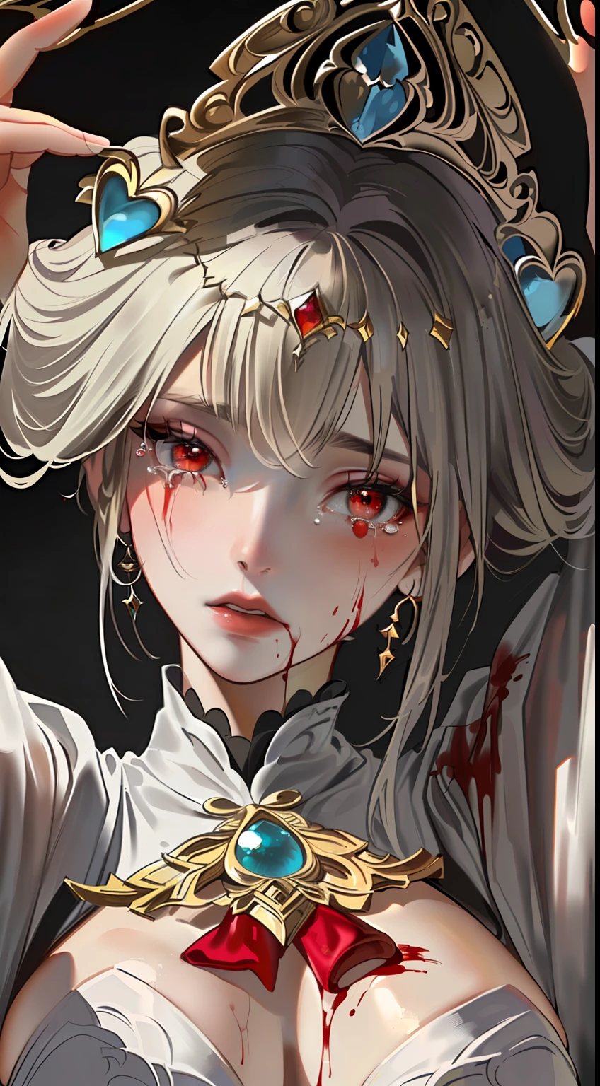 Close-up of a woman in a white dress and red headdress, beautiful character painting, detailed painting 4 K, 8K high quality detail art, this is a close-up illustration depicting a character in a costume. The painting was created in the art form of the "Guweiz" style. The tears of the characters in the painting are blood red, and the whole is set against a pure white background. She is portrayed as a goddess of love and beauty. There is a lot of blood in the picture, giving it a very bloody feeling. And with white as a background. The costumes and facial expressions of the characters are very detailed, showing detailed depictions. The overall picture is covered with blood, giving people a palpitating feeling.