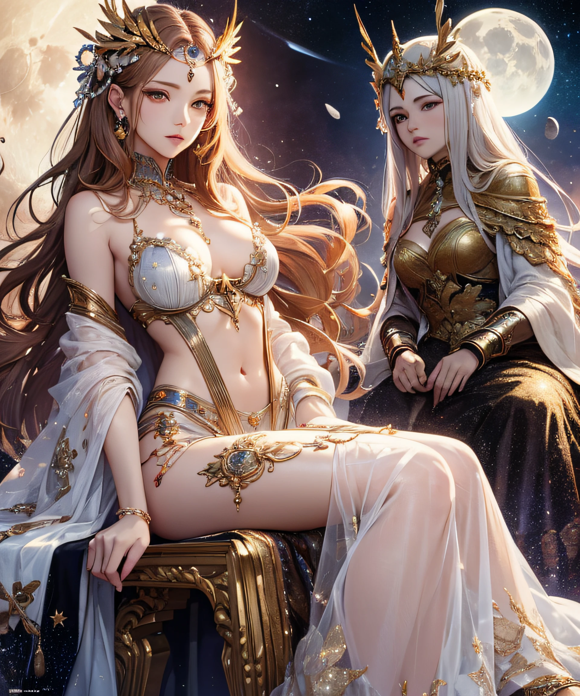 masterpiece, highest quality, realistic, wallpaper, official art, goddess of the moon, artemis, full body, transcendent beauty, bewitching, seduction, unknown, skin luster, hair luster, lonely eyes, age unknown